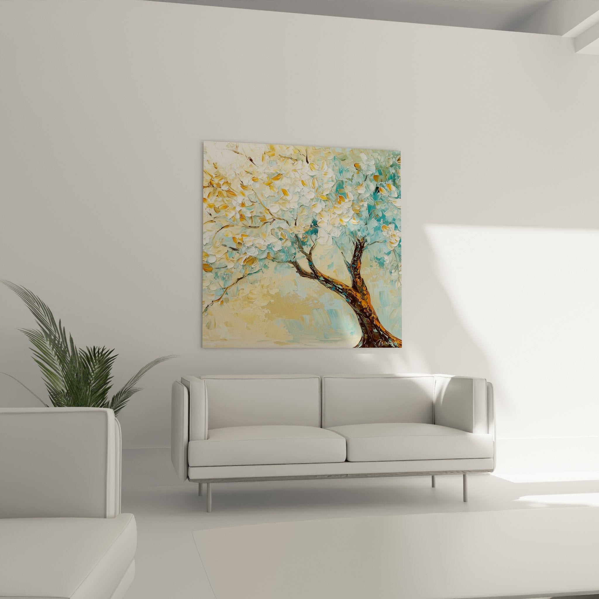 Textured detail of white and gold impasto flowers life tree contemporary palette knife painting