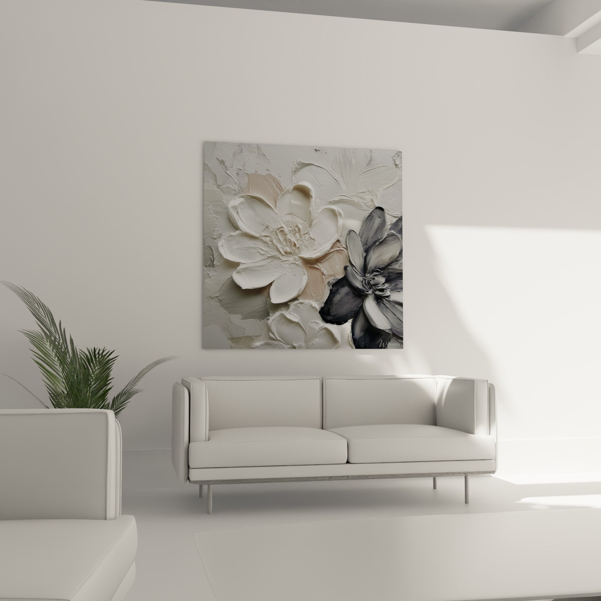 Close-up texture impasto sculptured flowers relief painting white gray charcoal artistic details