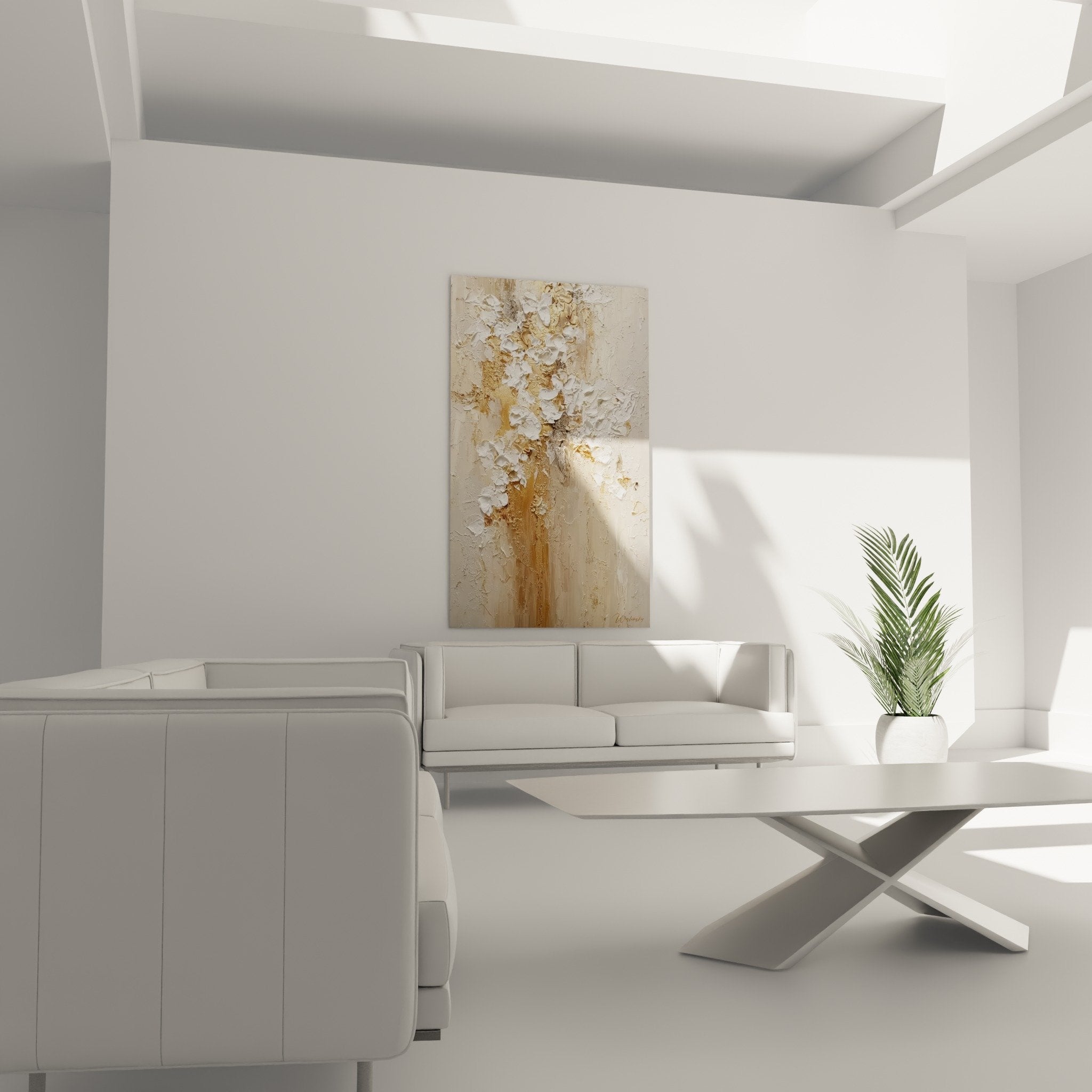 Detailansicht strukturierte Relieftextur weiße Blüten vergoldete Malerei dicke Materialität Wandskulptur Feng Shui Mittelpunkt