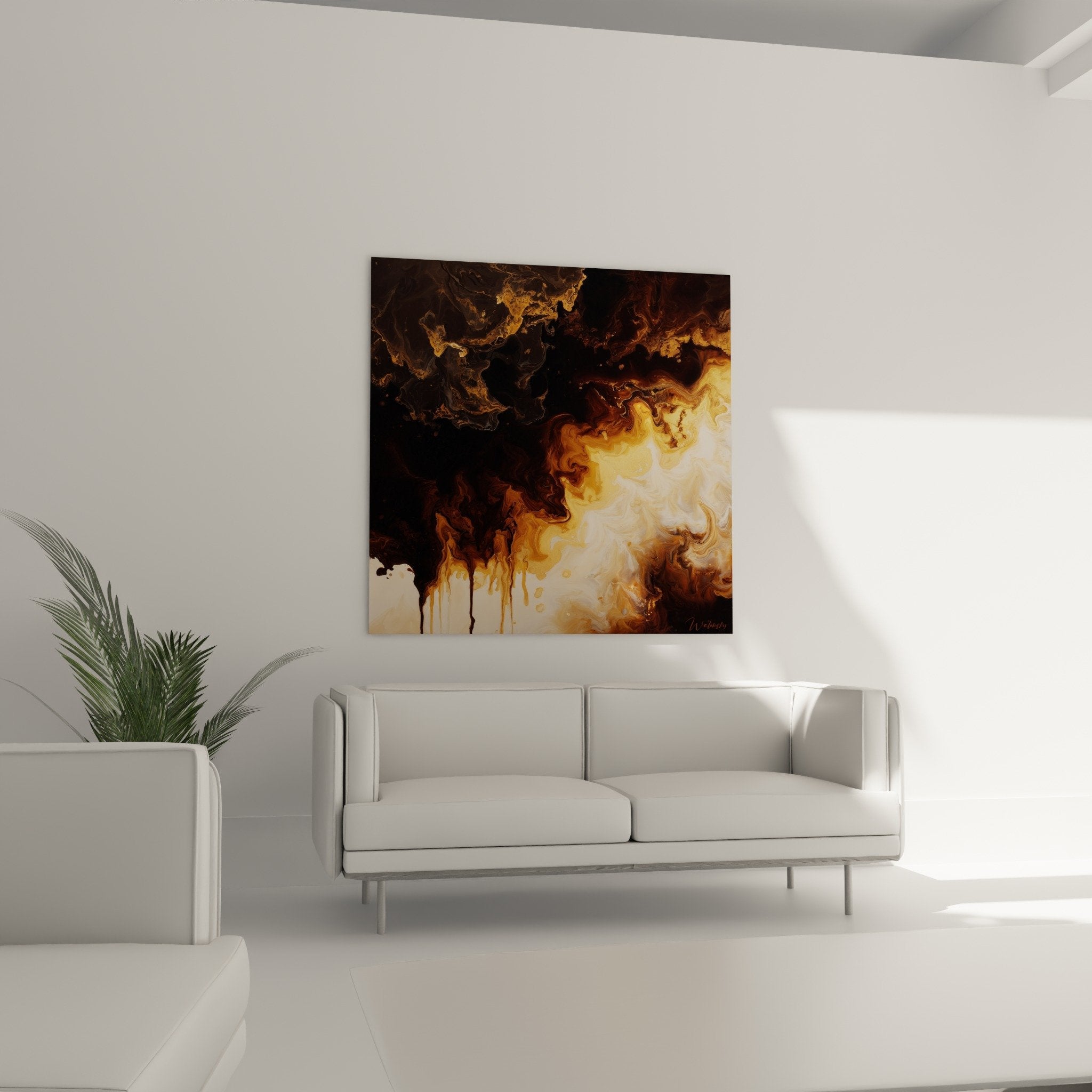 Détail rapproché des textures fluides brunes et dorées du tableau abstrait avec effets de matière organique