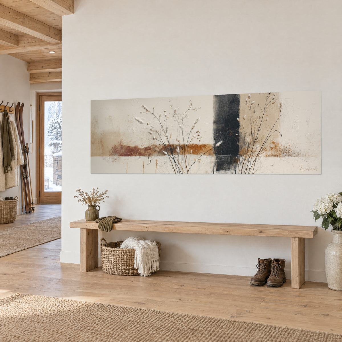 Quadro panoramico di erbe secche dalle spighe biancastre, fascia color carbone e striatura ramata, vista a tre quarti sopra una panca da chalet
