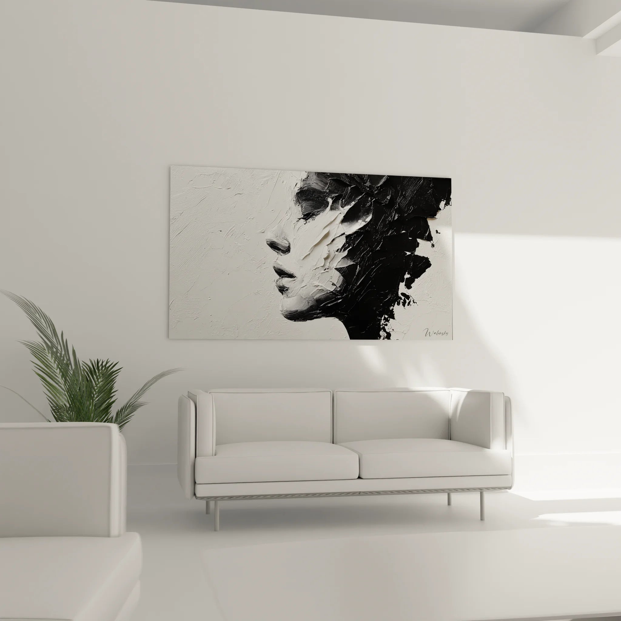 Détail texture impasto tableau portrait femme, technique peinture moderne noir et blanc artistique