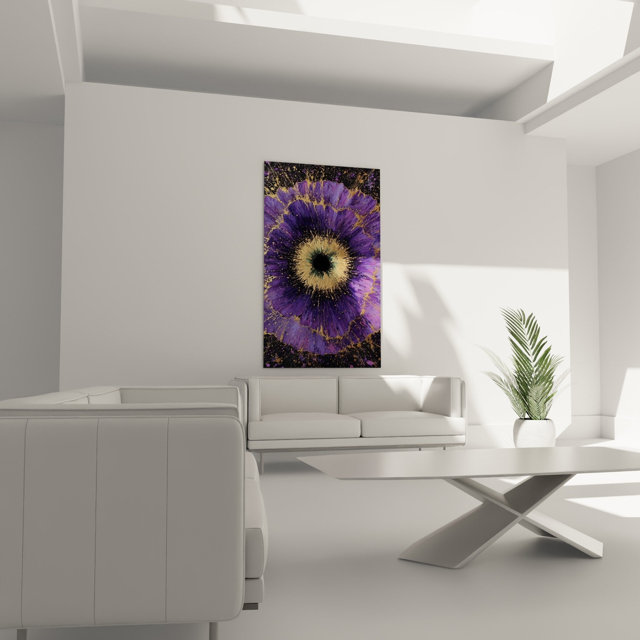 Violet iris texture detail with golden effect, embossed material finish, mystical cosmic paint