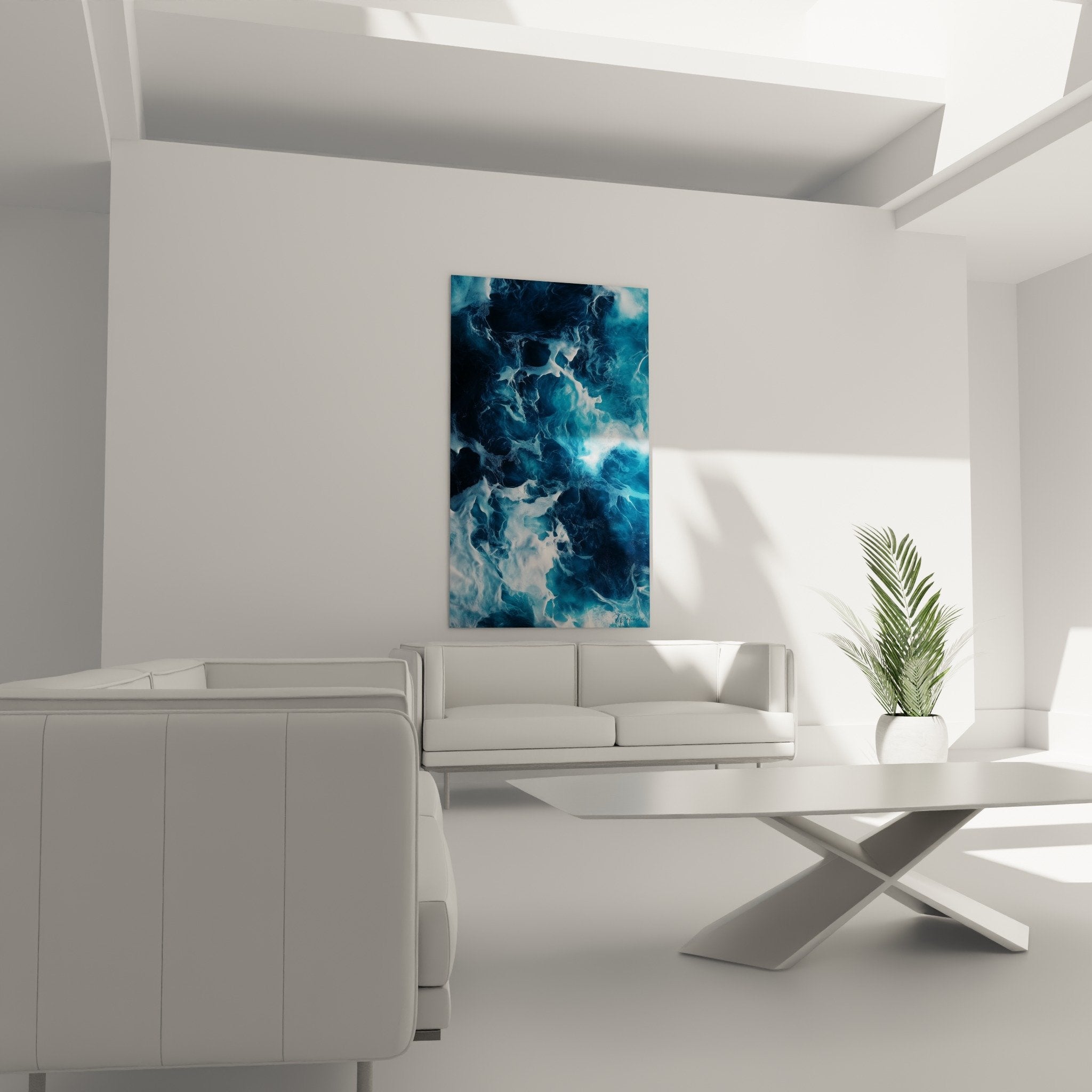 Detail rapproche du tableau marbre abstrait montrant les nuances de bleu et les veines blanches en texture fluide