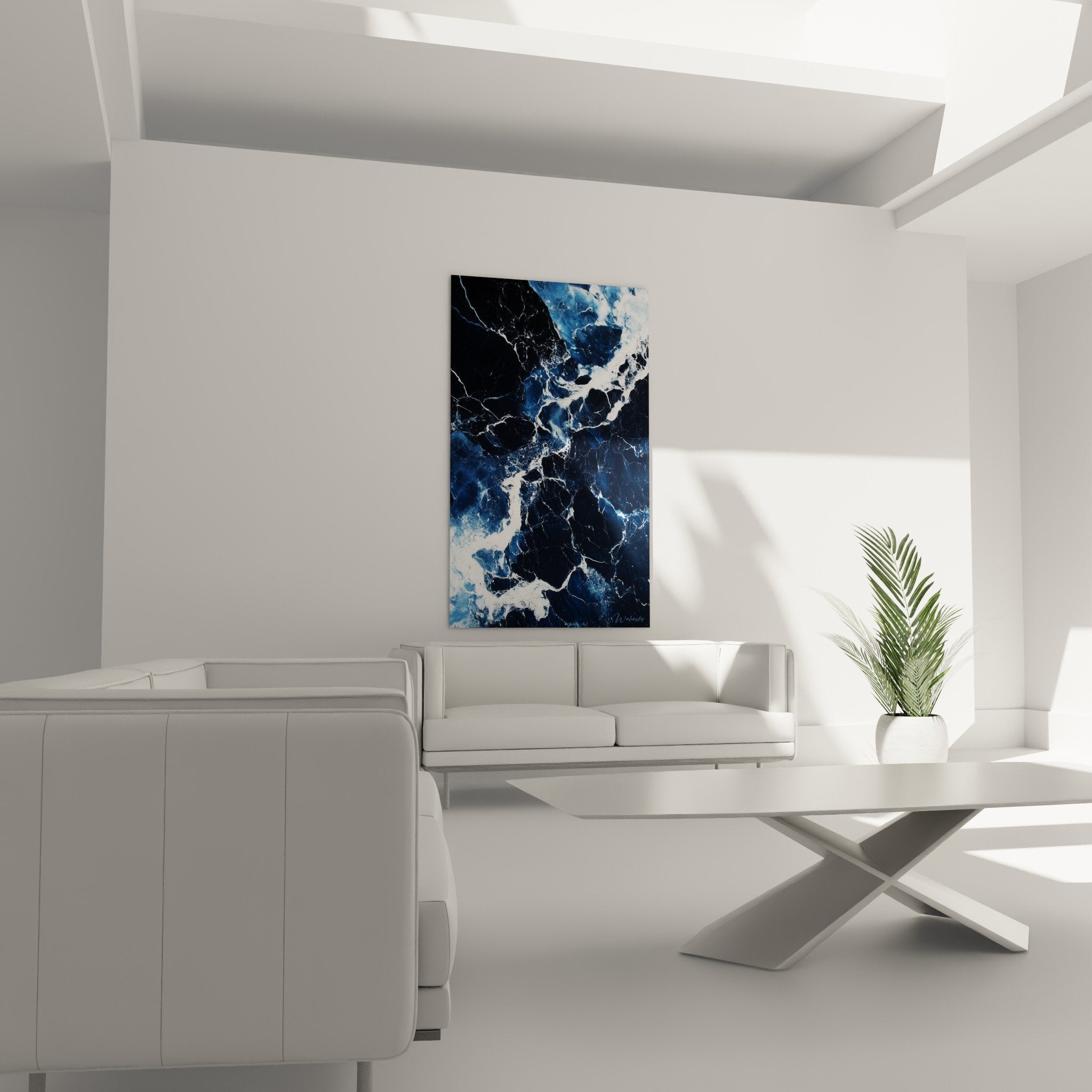 Detail texture marbre abstrait bleu profond avec veines blanches, effet matiere realiste