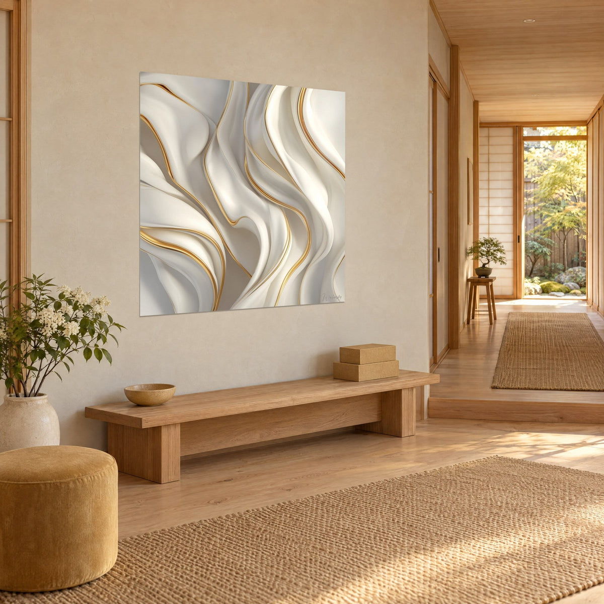 Wall art with off-white satin folds edged in gold piping, beige wall, wooden bench, hallway opening onto the garden