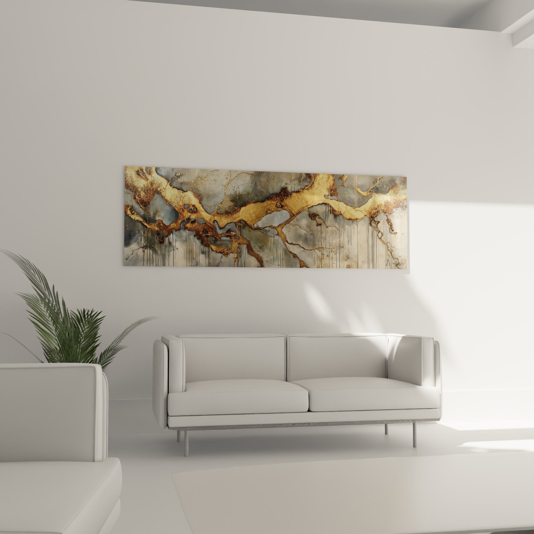Marbled texture detail and metallic golden drips abstract feng shui northeast earth artwork