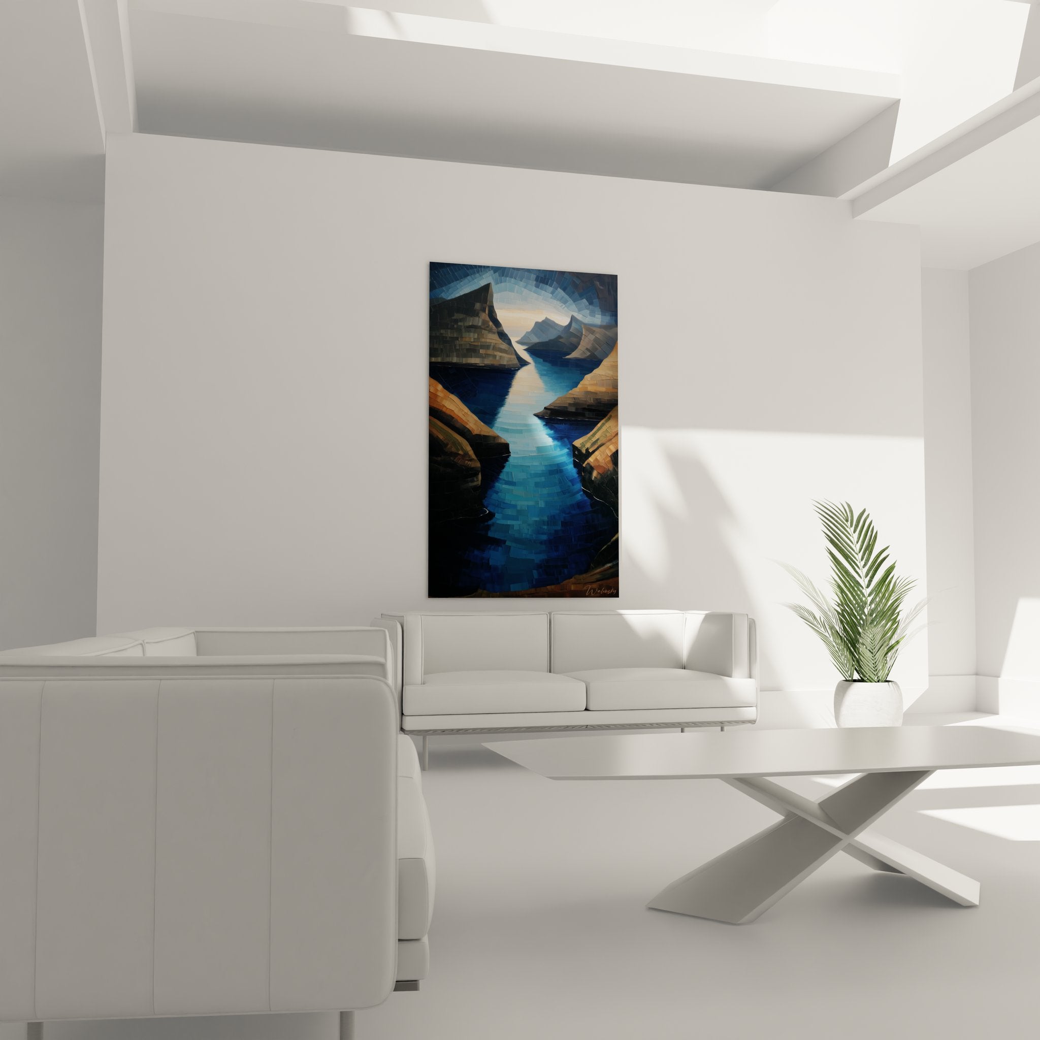 Détail texture mosaïque du tableau fjord montrant les reflets sur l'eau cristalline