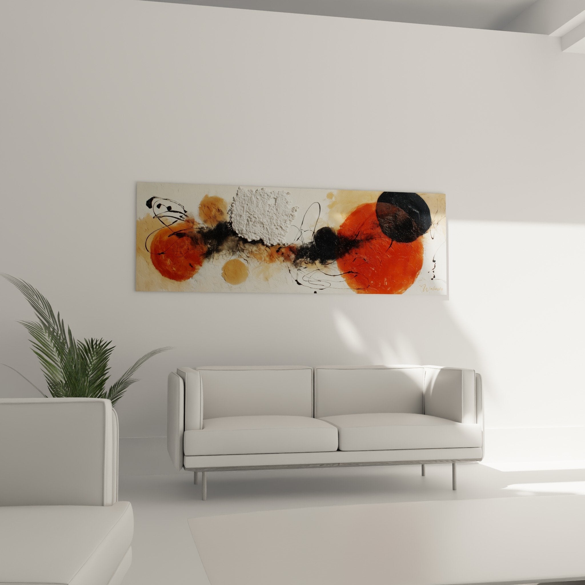 Détail texture granuleuse blanche et empâtements orange du tableau abstrait Feng shui Centre Terre