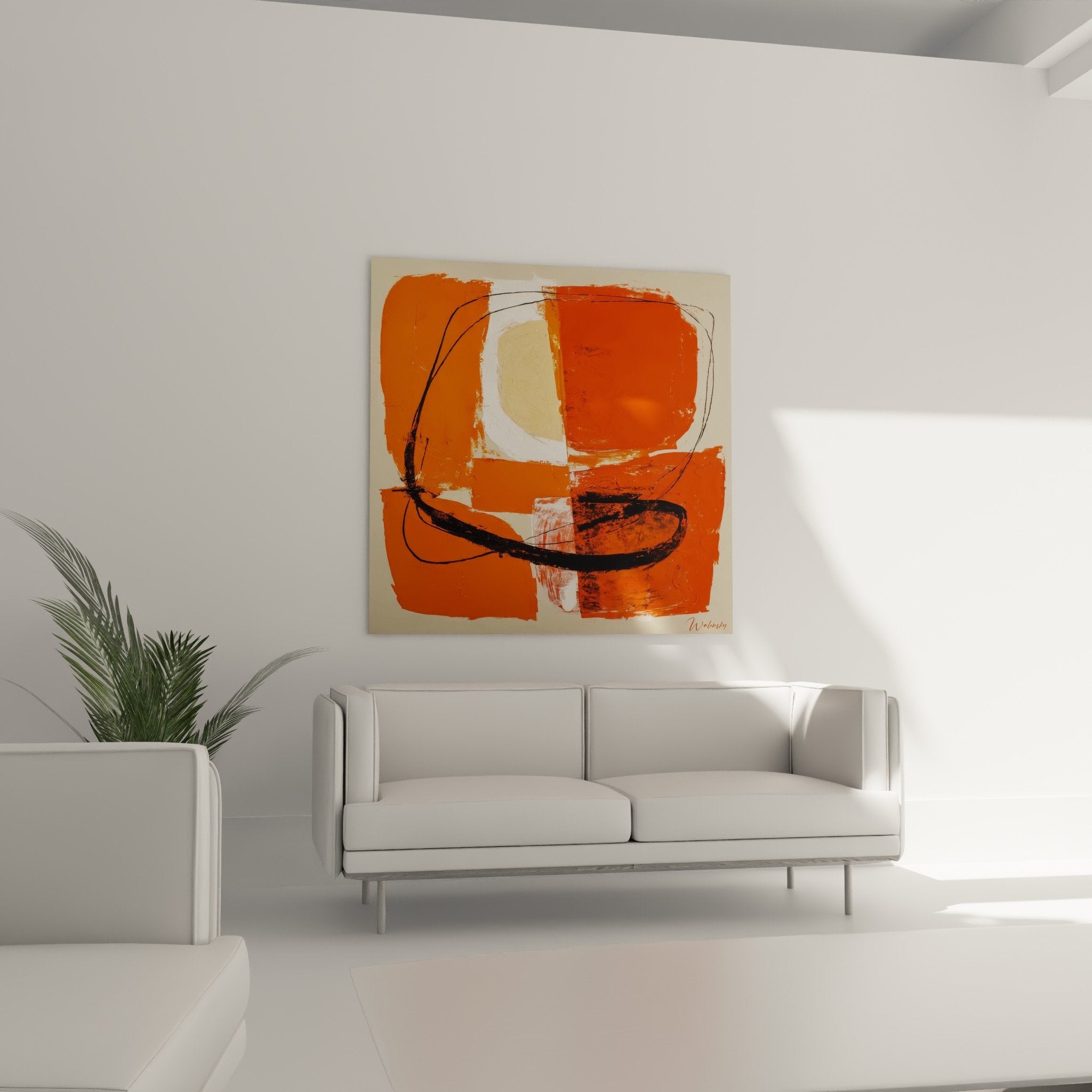 Abstract orange painting texture detail black curves brushstroke paint texture feng shui south fire close-up