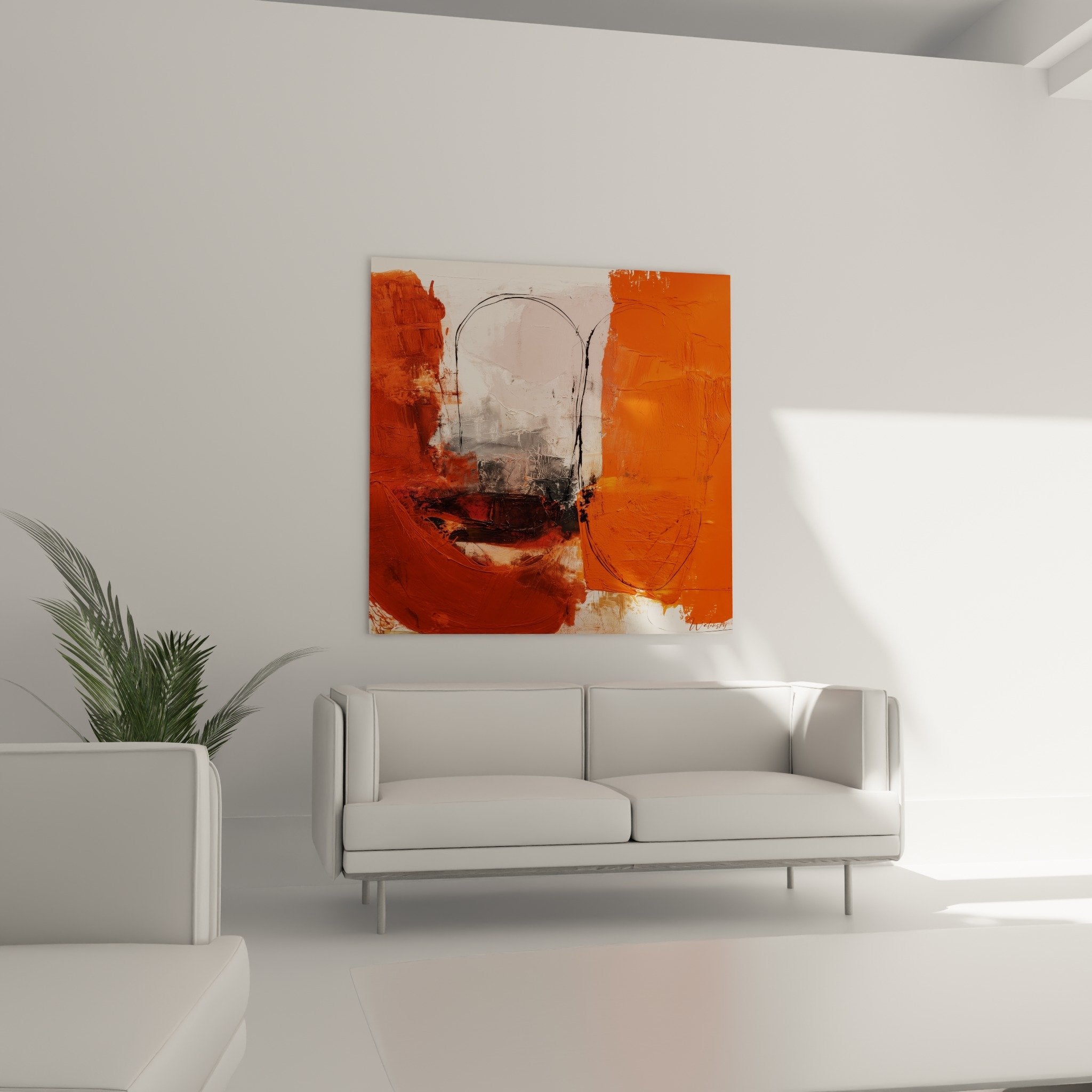 Close-up texture detail with orange impasto strokes and black marks abstract feng shui south fire painting material texture