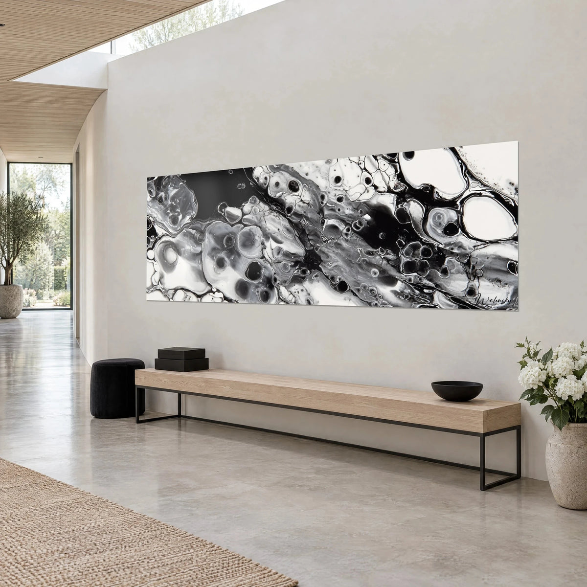 Panoramic wall art of grey and ivory ink bubbles, black diagonal flow, three-quarter view, wooden bench, off-white wall