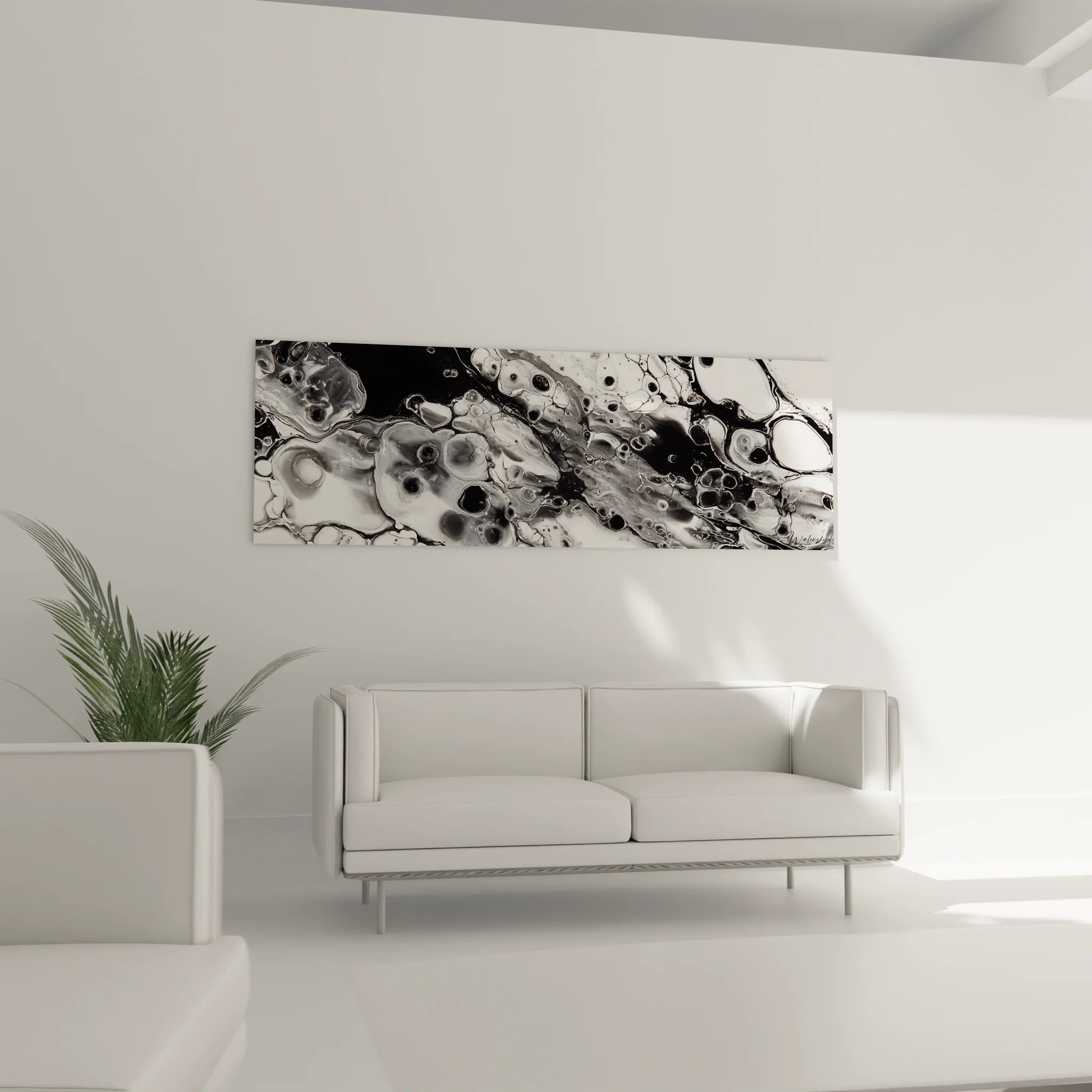 Gros plan détaillé des textures organiques et bulles fluides du tableau abstrait noir et blanc