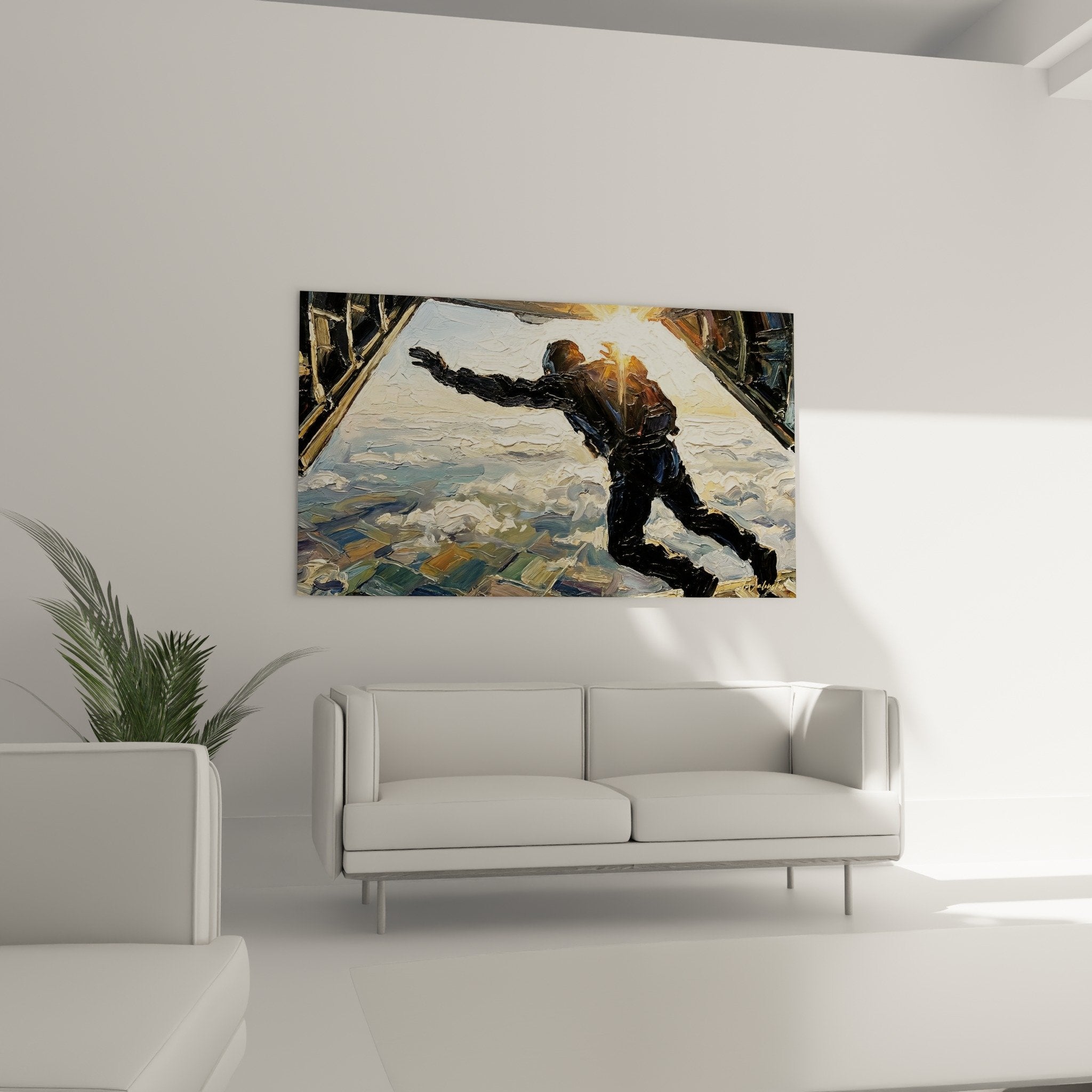 Detailansicht dicke Fallschirmspringer-Malerei goldener Helm weiße Wolken erhabene Textur Relief Edition Fallschirm