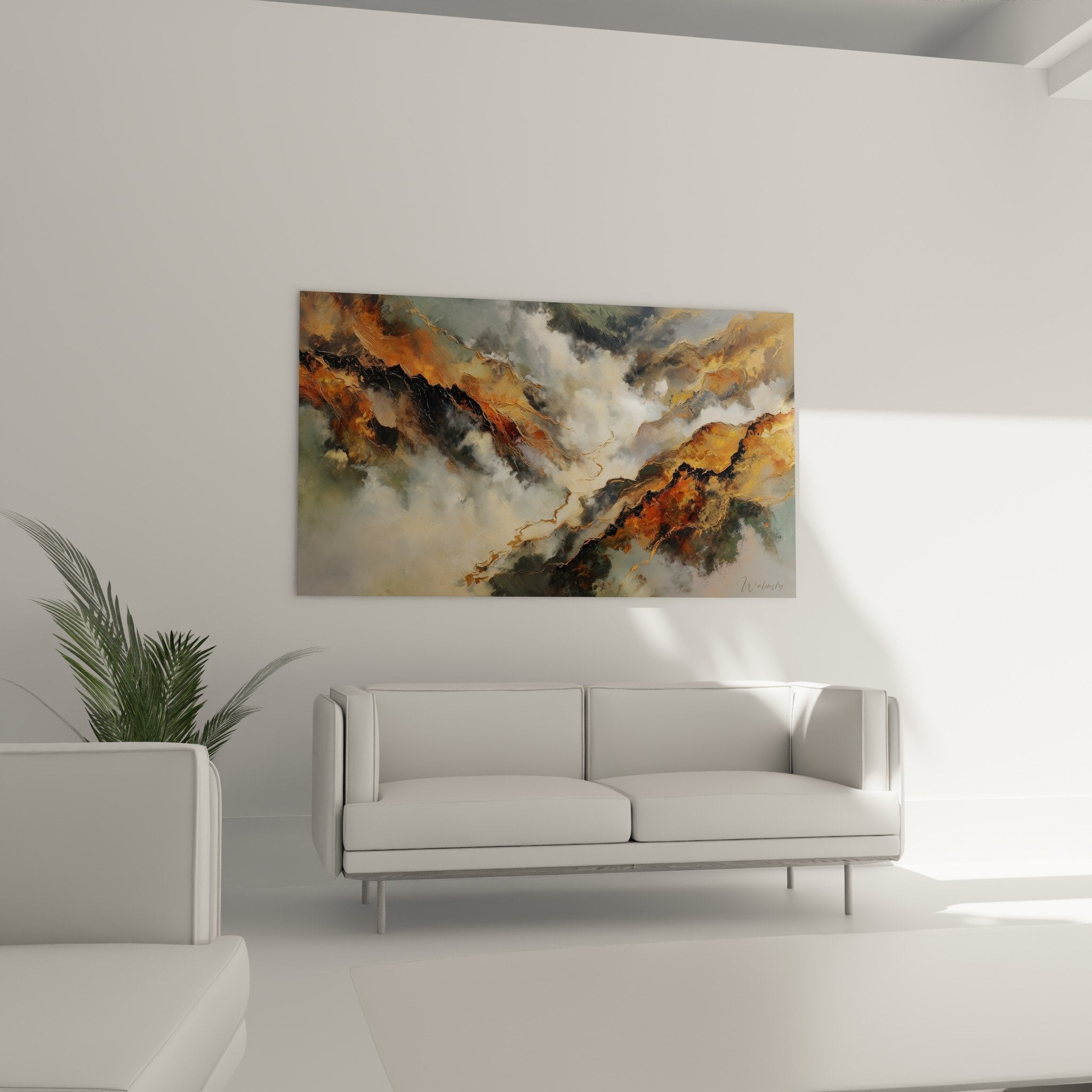 Détail texture tableau paysage rocheux nuances cuivrées et dorées feng shui nord-est terre