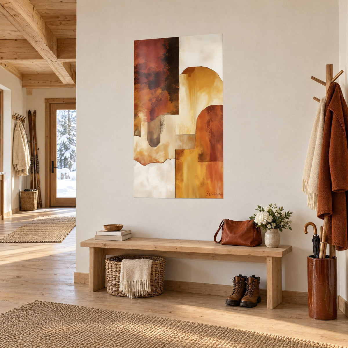 Wall art abstract with sienna arches and orange blocks on a cream background, wooden chalet with a bench and rust-colored coat in the entryway