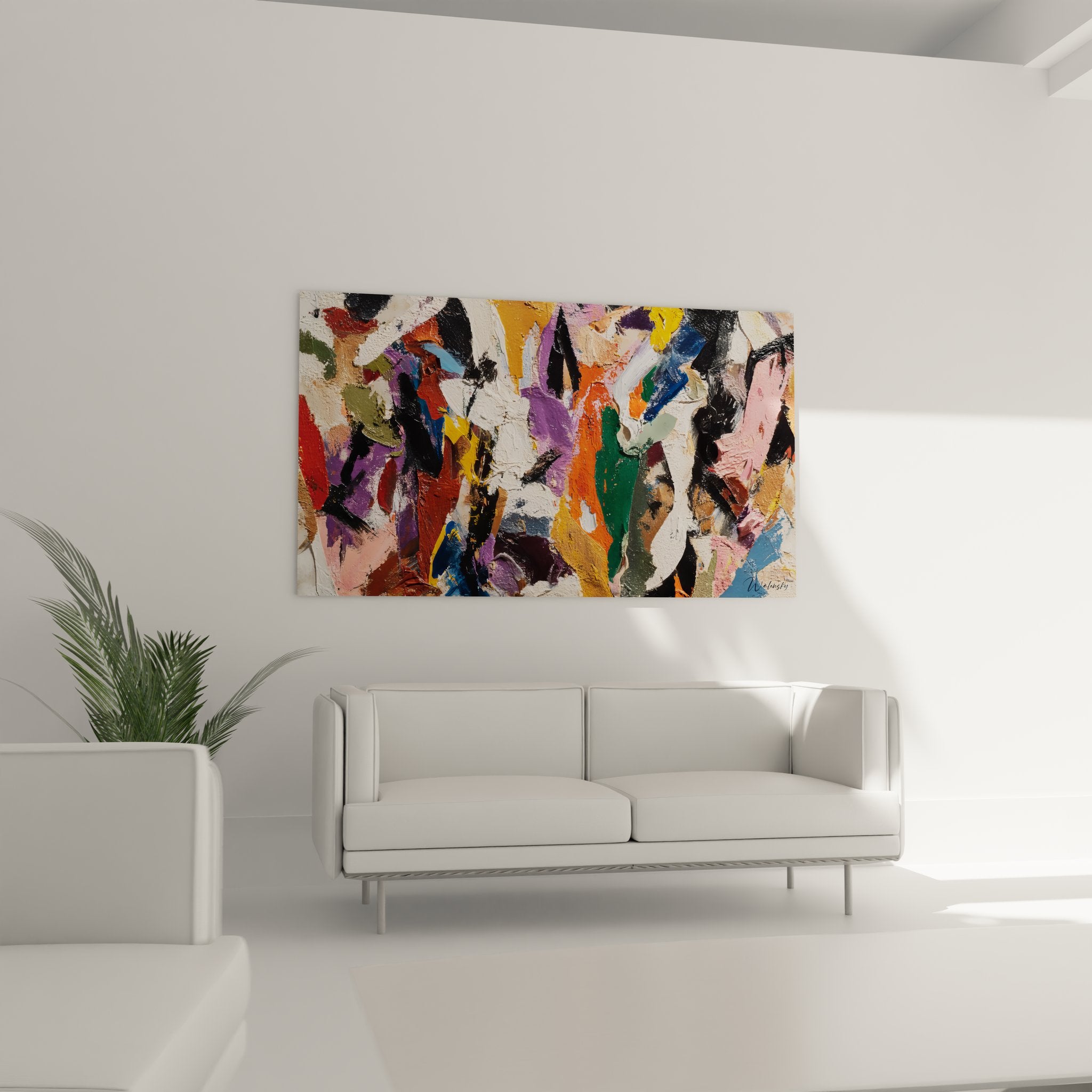 Détail texture peinture abstraite montrant empâtements colorés et gestes picturaux expressifs
