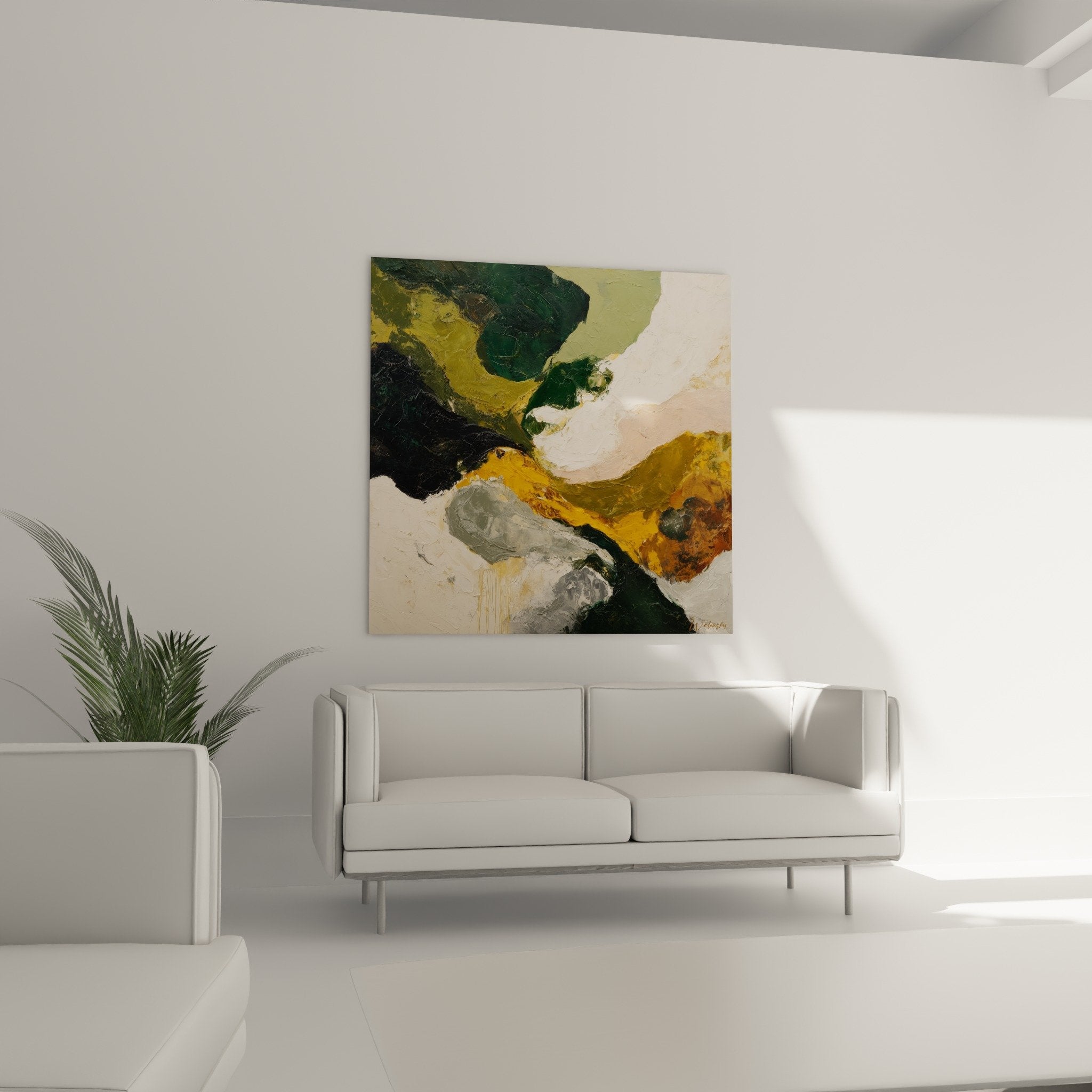 Détail textures empâtements peinture abstraite ocre émeraude coups pinceau expressifs matière