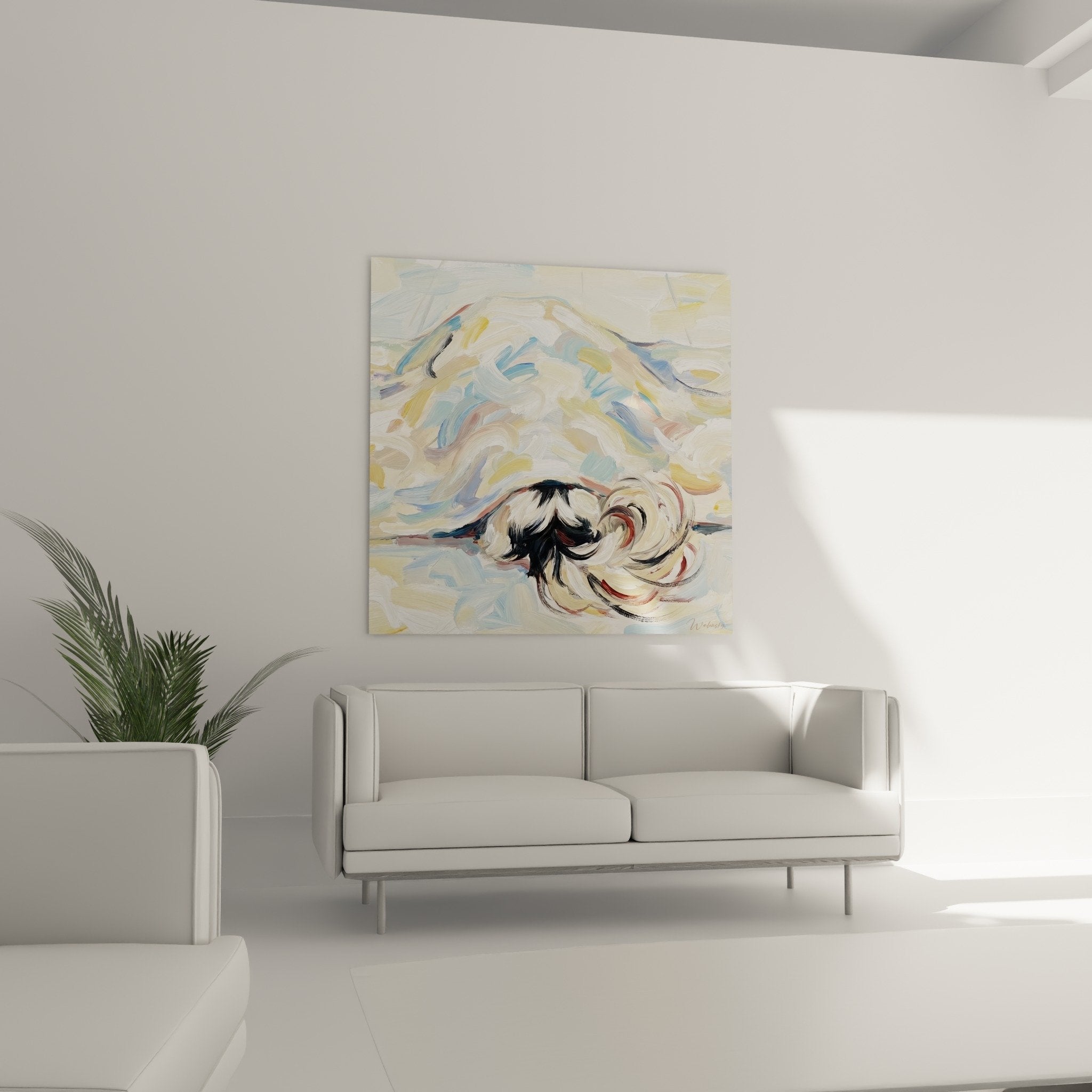 detail peinture abstraite empâtements blancs bleus texture coup pinceau epagneul japonais