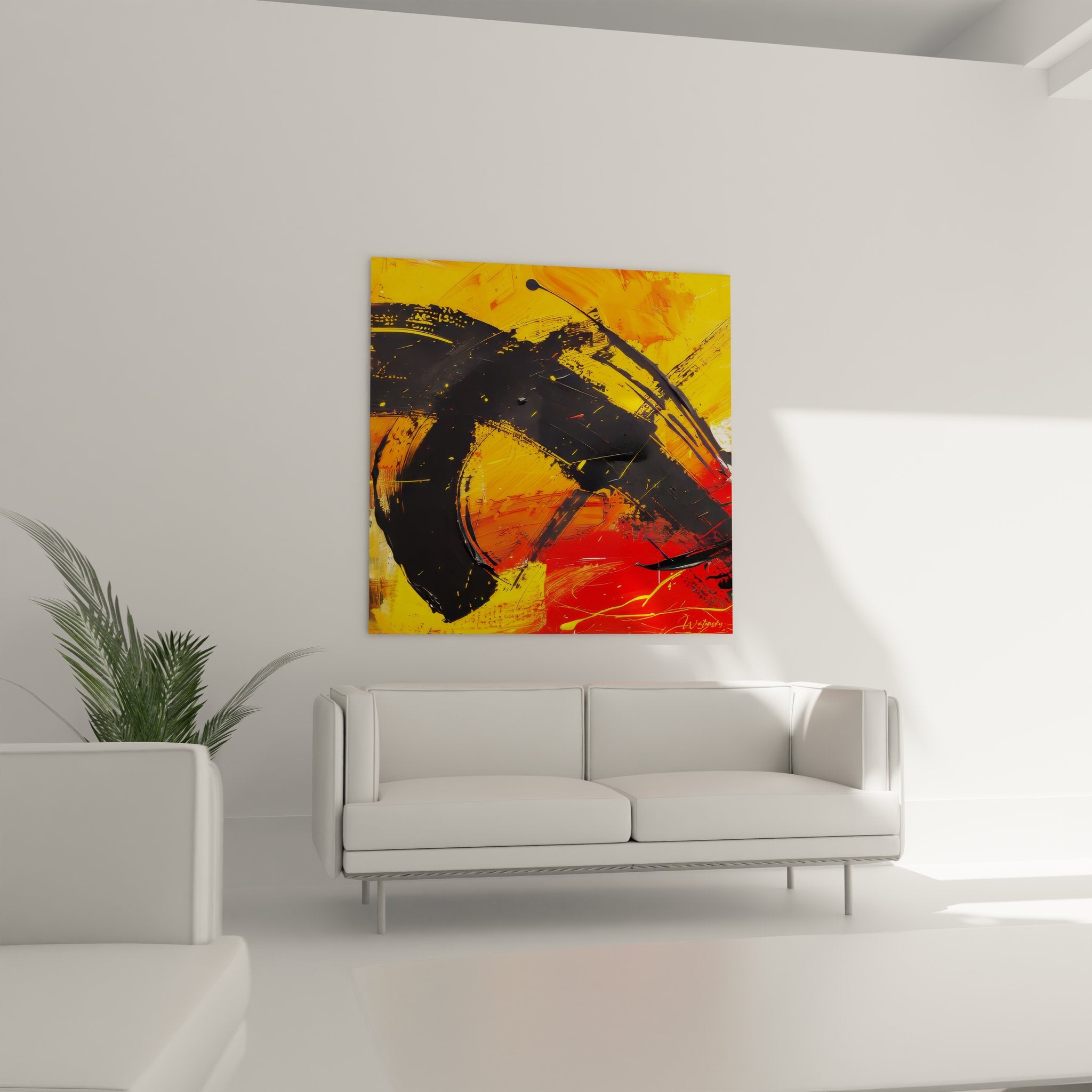 Détail texture tableau expressionniste abstrait, brushstrokes orange et formes noires, peinture moderne