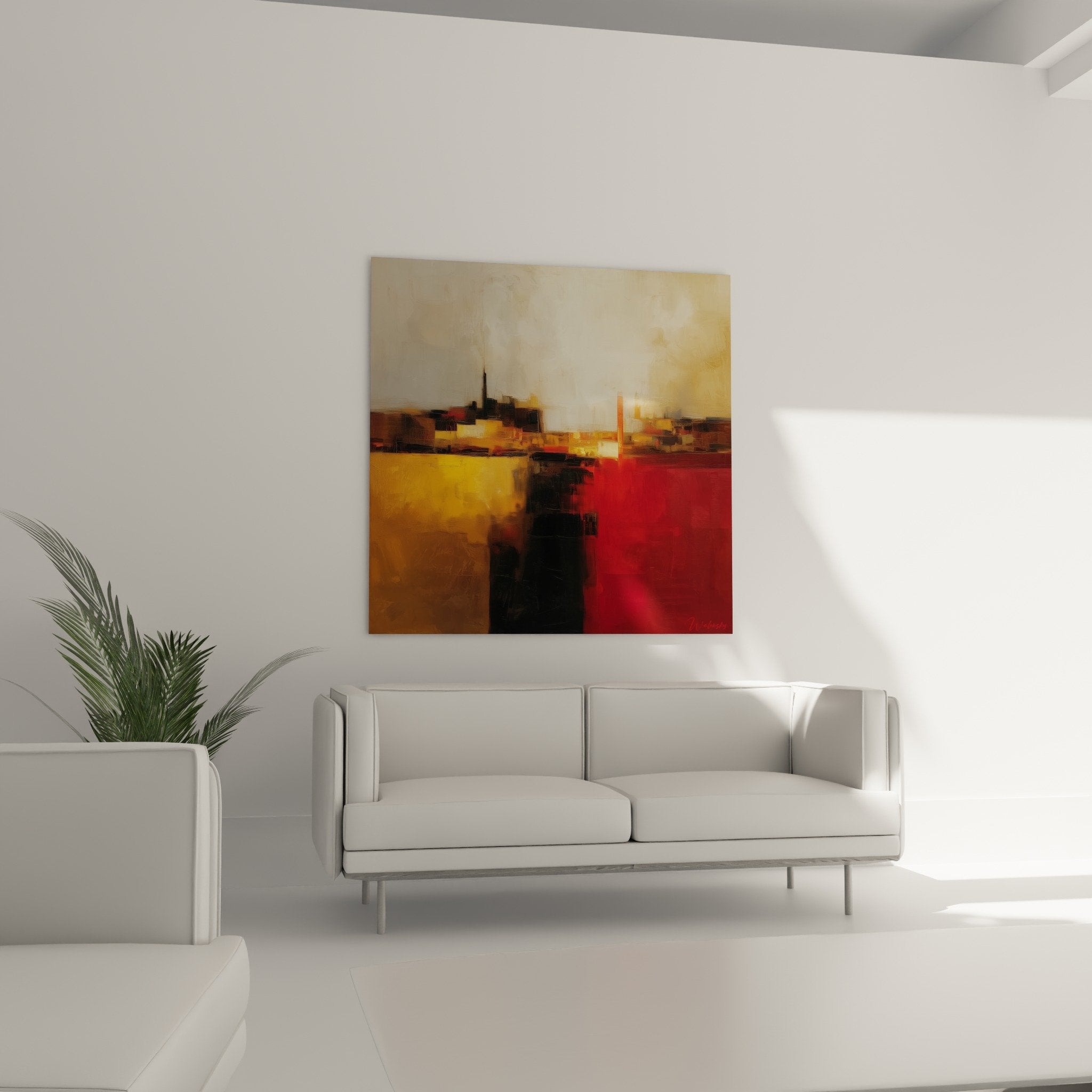 Abstract painting detail textured impasto warm colors yellow red visible paint texture