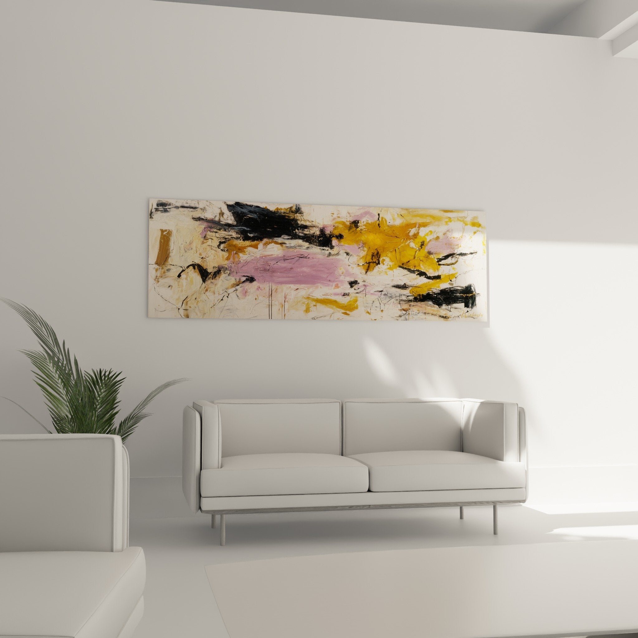 Textured detail of abstract ochre pink painting, visible impasto and spontaneous gestural marks