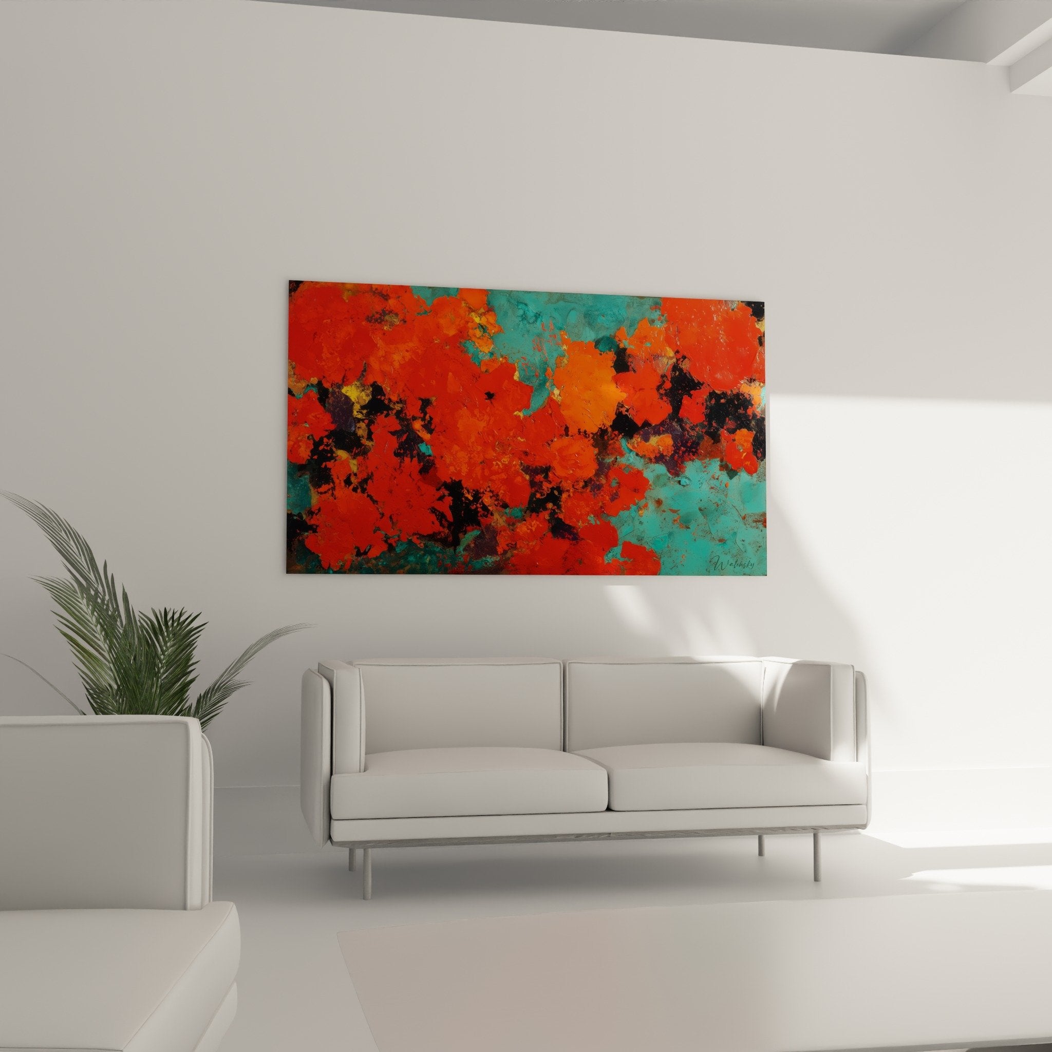 Detail texture peinture abstraite rouge orange turquoise matiere picturale empâtements