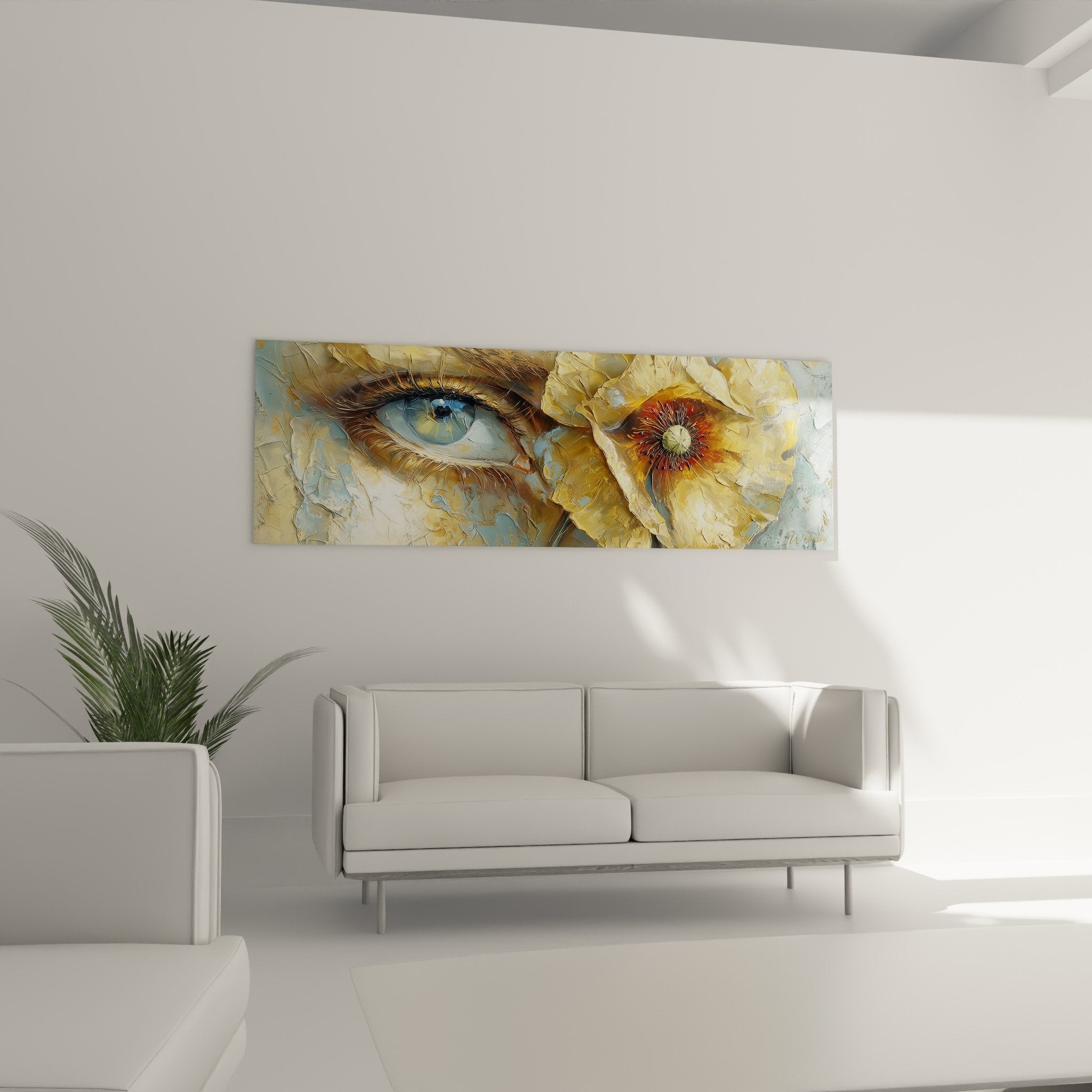 Détail peinture au couteau oeil bleu et pétales dorés, texture empâtée relief artistique coquelicot