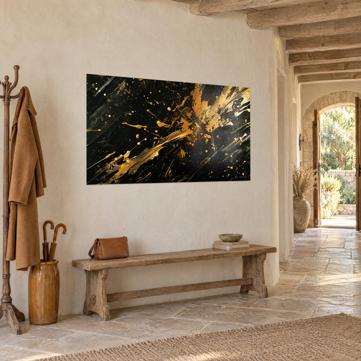 Wall art burst of ochre and gold paint cutting through ebony, three-quarter view, stone wall of a vaulted entrance