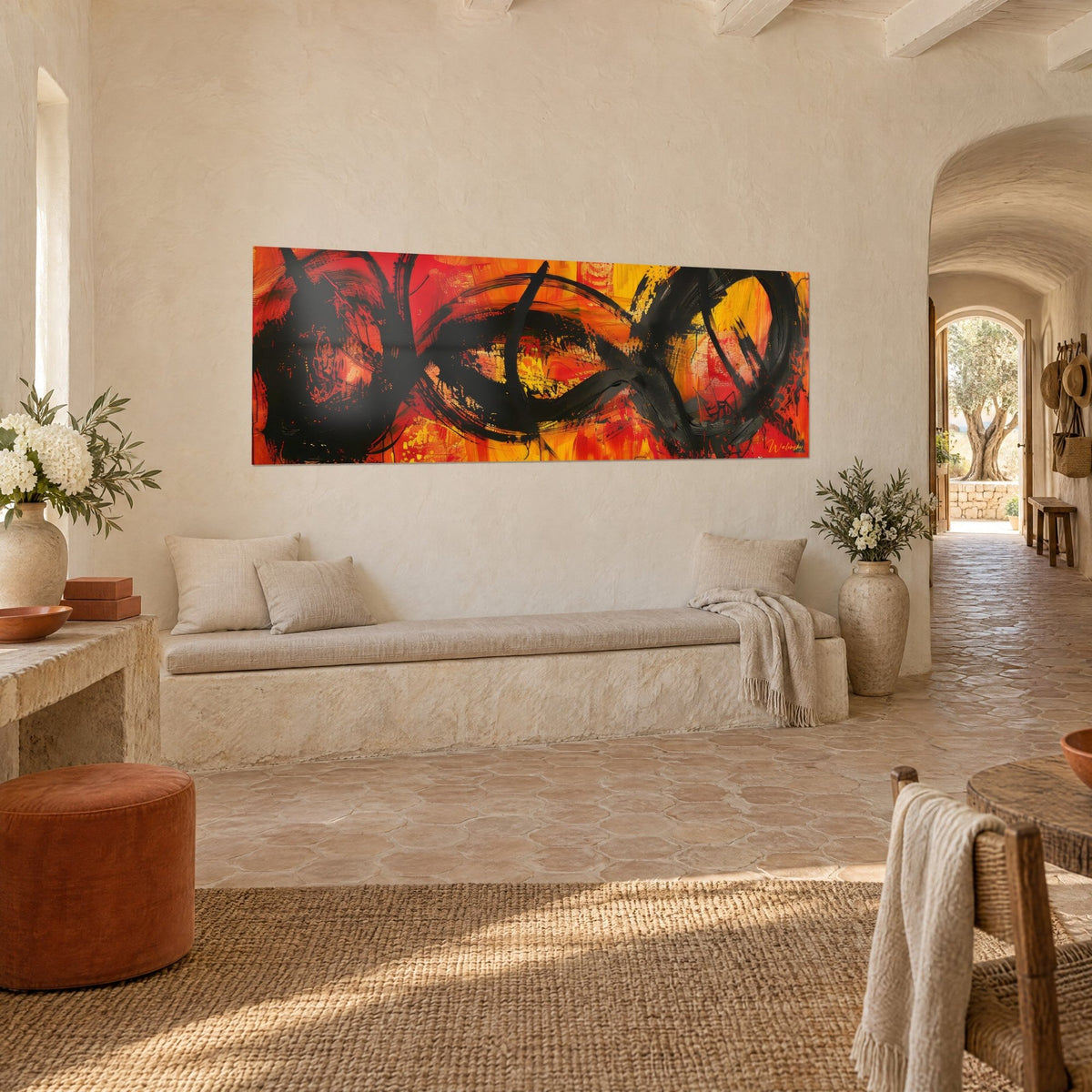 Wall art, panoramic, with broad black ink strokes over orange and red flames, stone bench, Provençal farmhouse