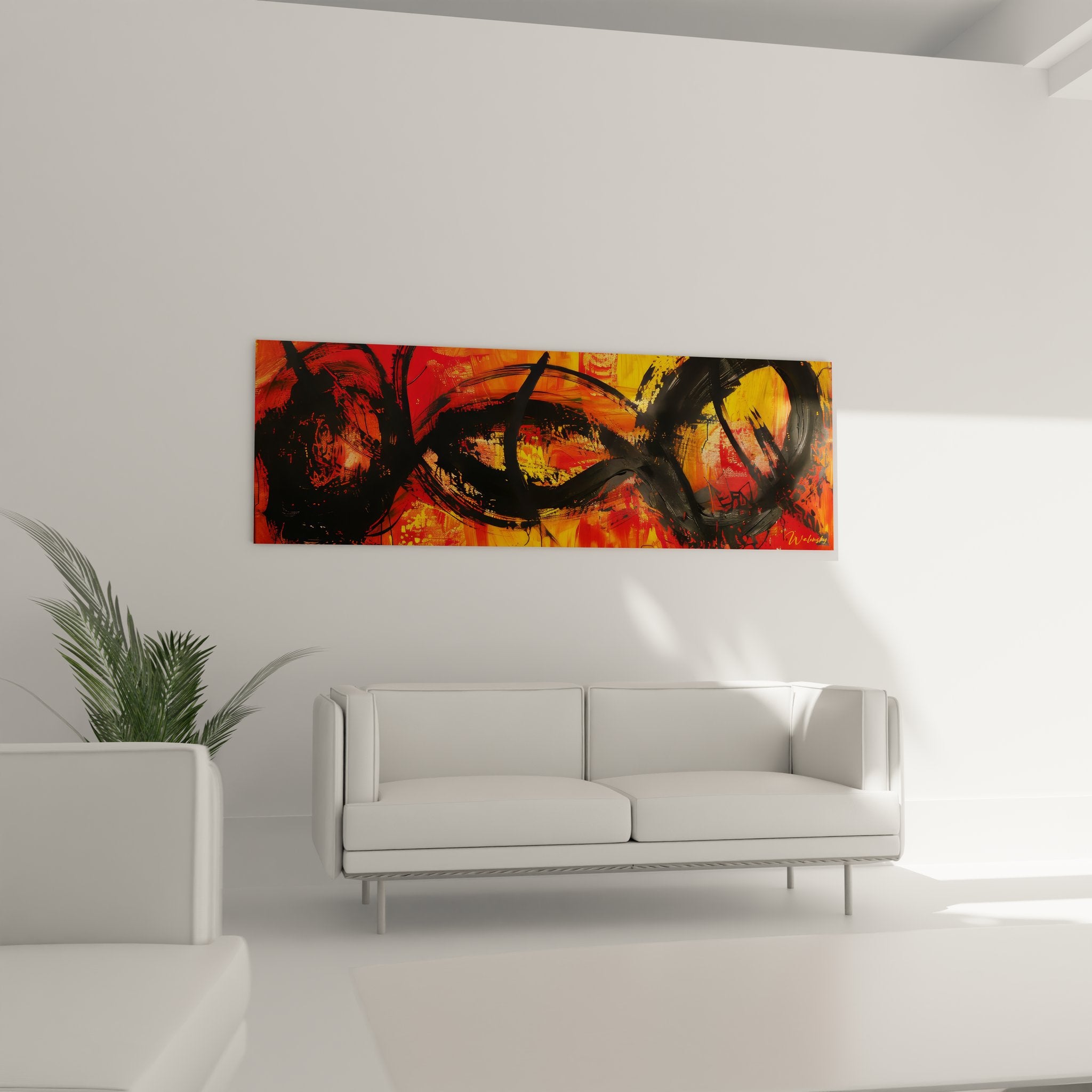 Détail gros plan tableau abstrait expressionniste, texture peinture gestuelle rouge orange