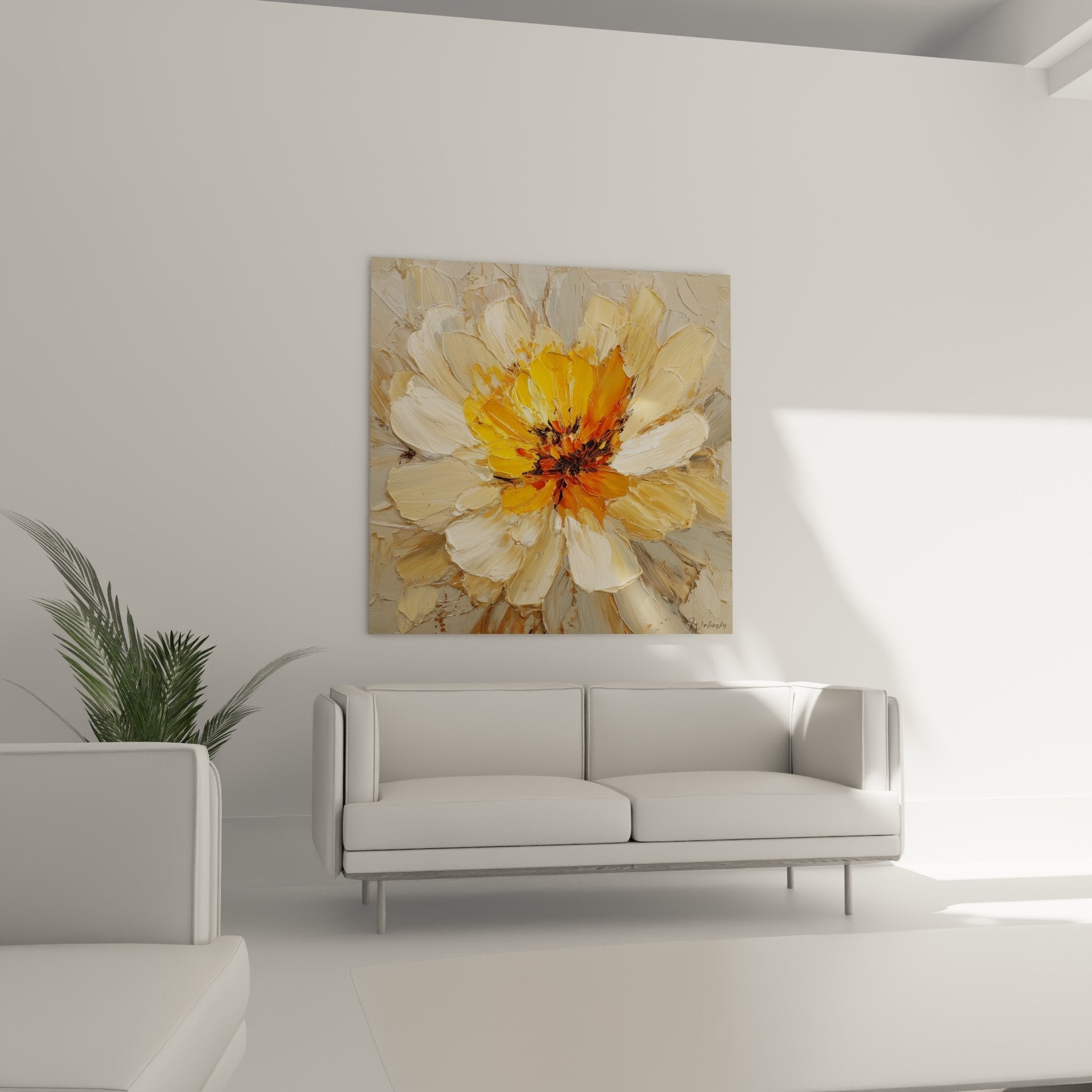 Détail texture peinture épaisse fleur dorée relief visible coups pinceau art contemporain