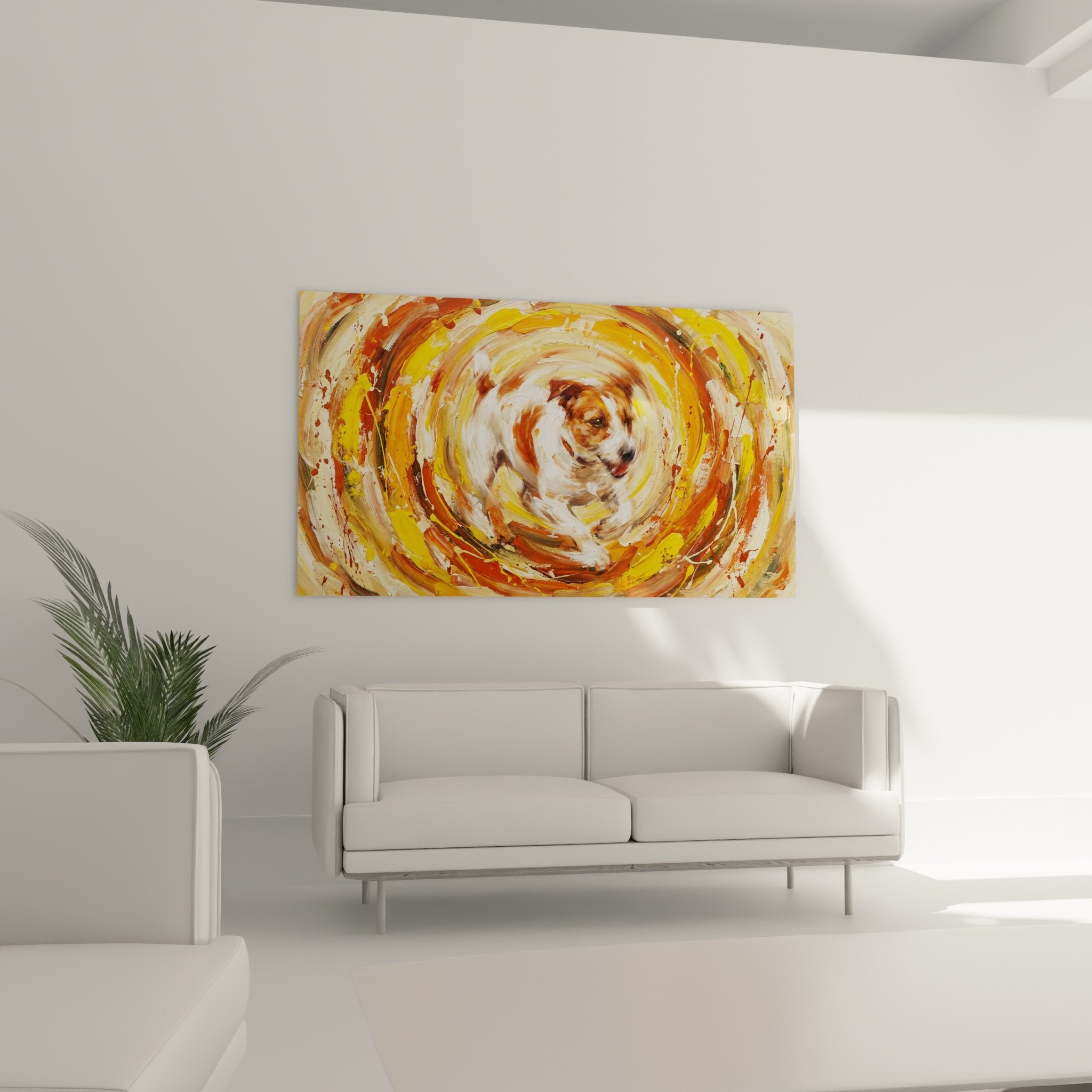 Detail texture peinture gestuelle empâtements ocre orange coups pinceau spirale Jack Russel Terrier