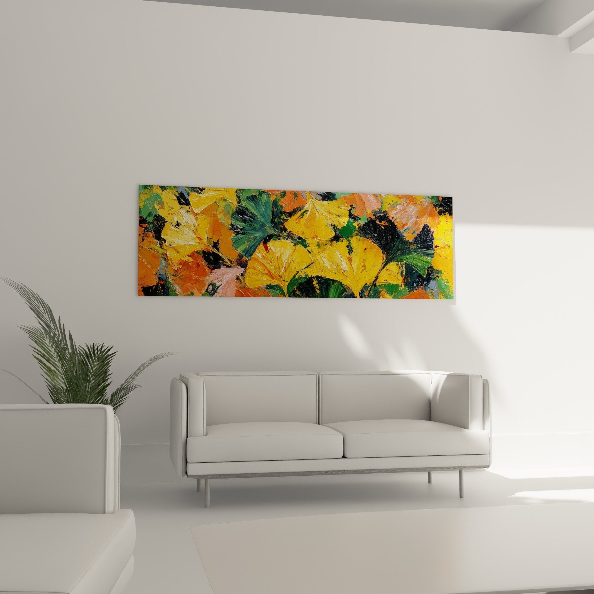 Detail peinture empâtement feuilles ginkgo texture relief couleurs vives jaune orange vert technique artistique