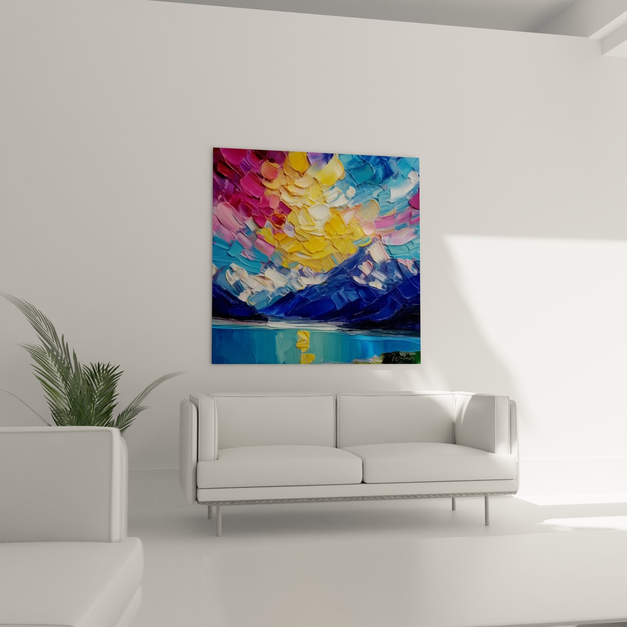 Détail texture peinture lac, coups de pinceau épais couleurs vives coucher de soleil