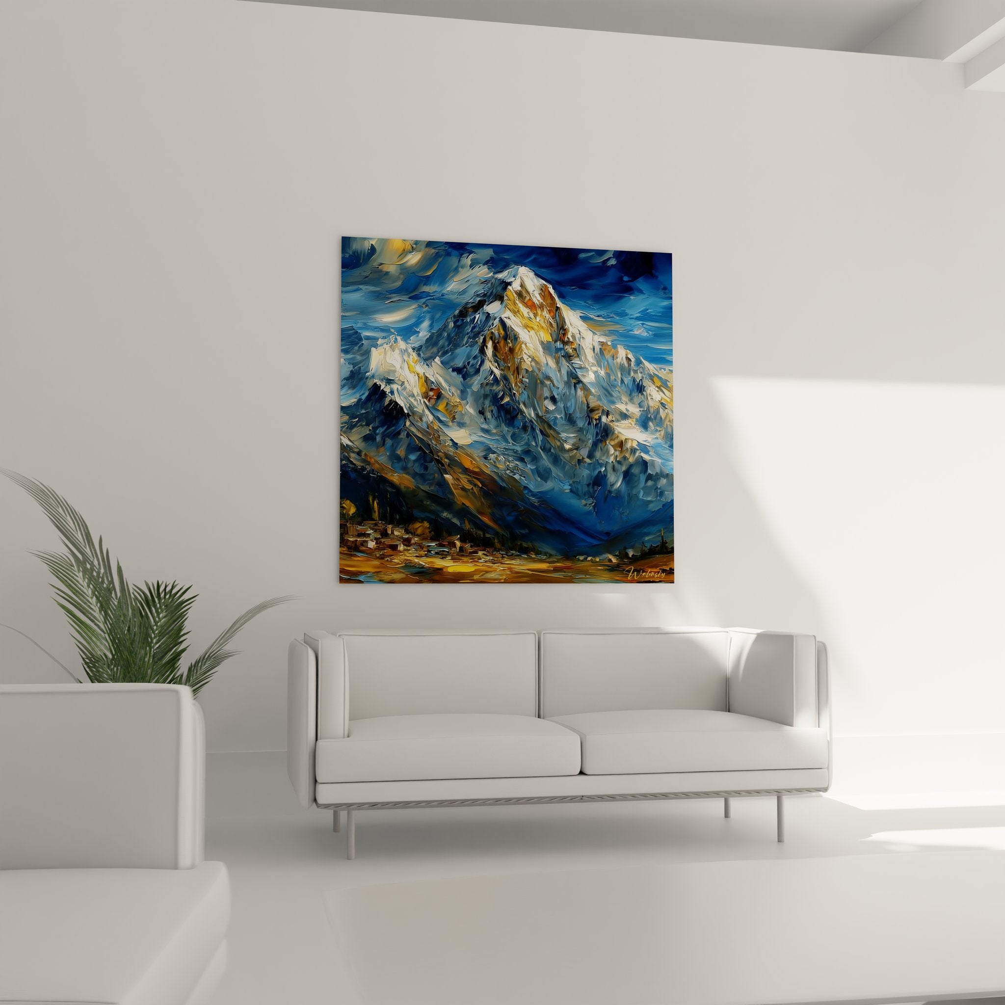 Détail texture peinture montagne enneigée, coups de pinceau expressifs tons bleus et ocres