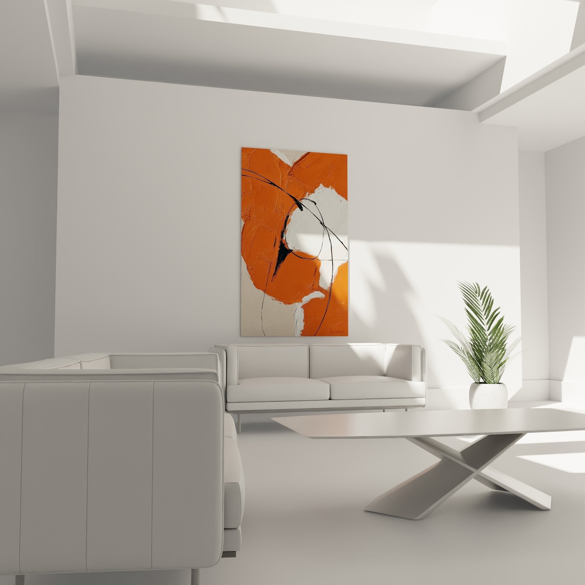 Detail texture epaisse peinture orange et traces noires tableau feng shui sud feu