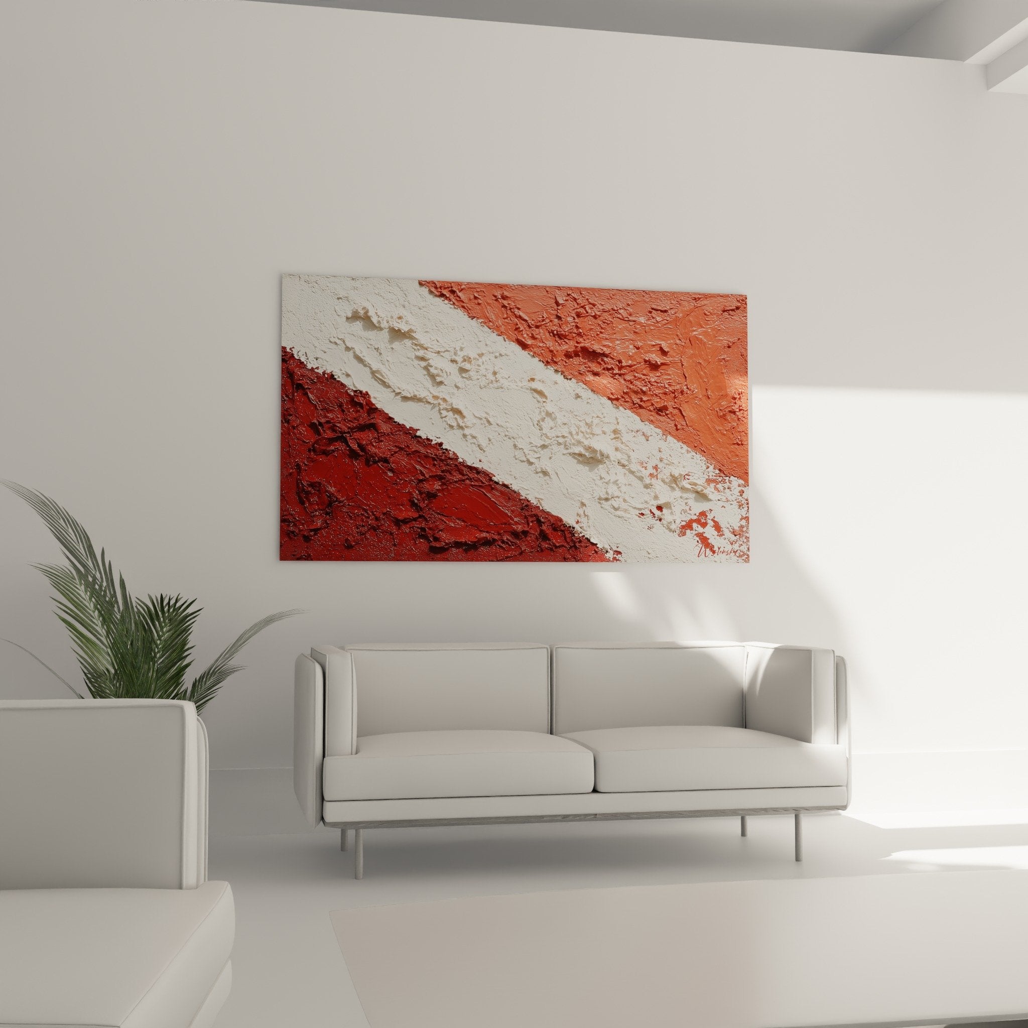 Detail texture epaisse peinture rouge brique et blanche, relief matiere picturale, art gestuel contemporain