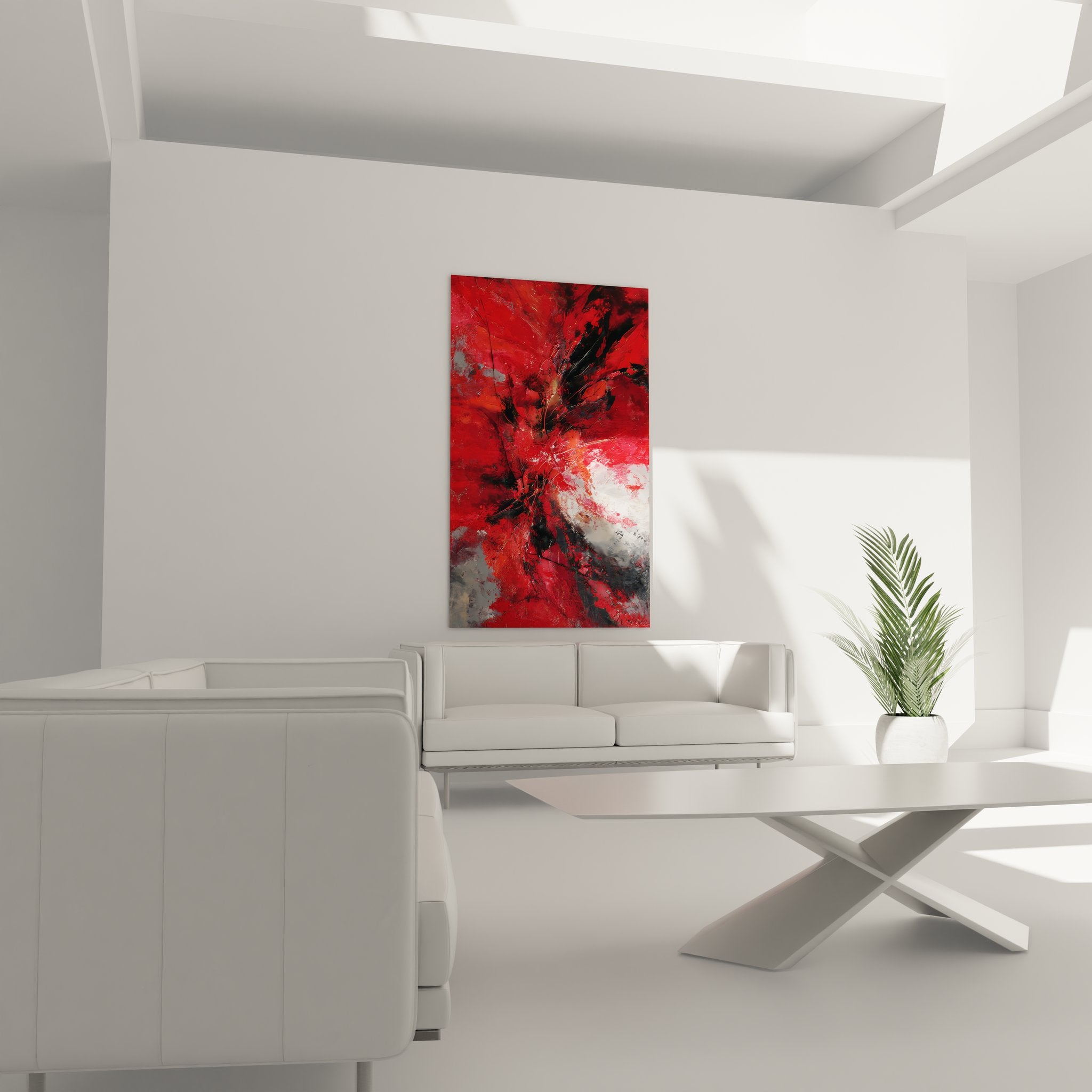 Détail gros plan texture peinture rouge expressionniste montrant coups de pinceau et nuances chromatiques