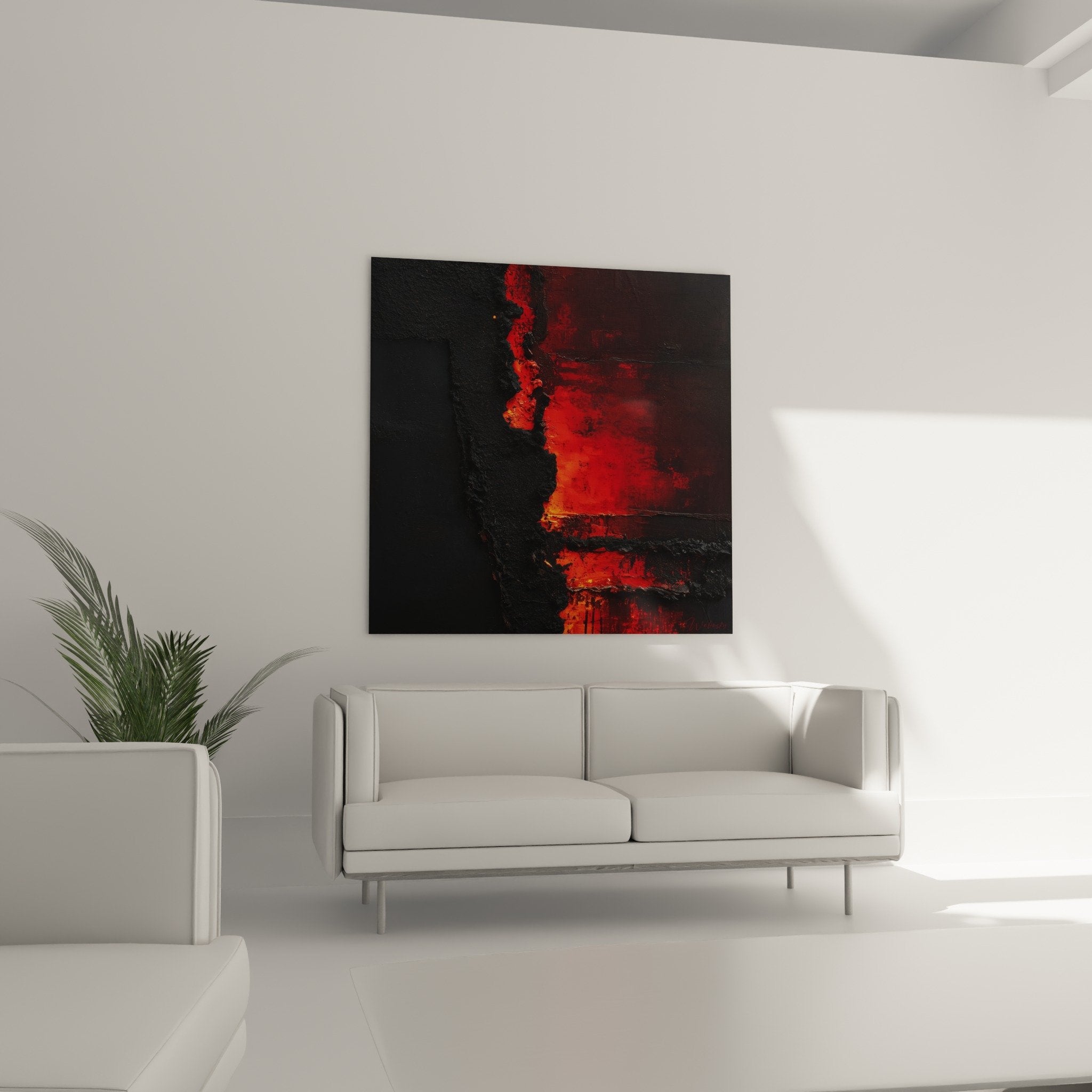 Detail texture rugueuse peinture rouge flamme eclats orange jaune matiere epaisse relief feng shui