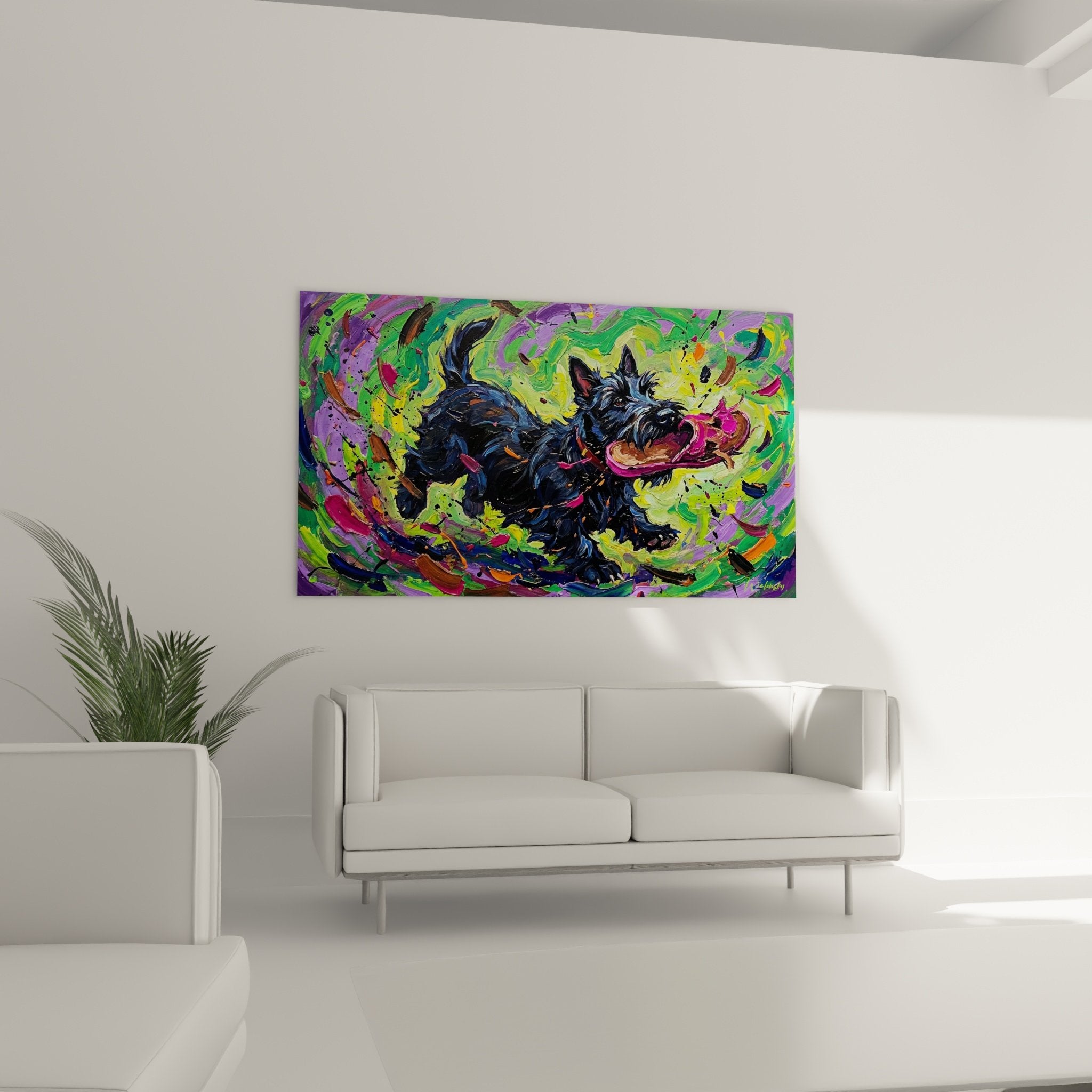 Détail texture empâtements peinture Scottish terrier - coups pinceau expressionnistes couleurs vives