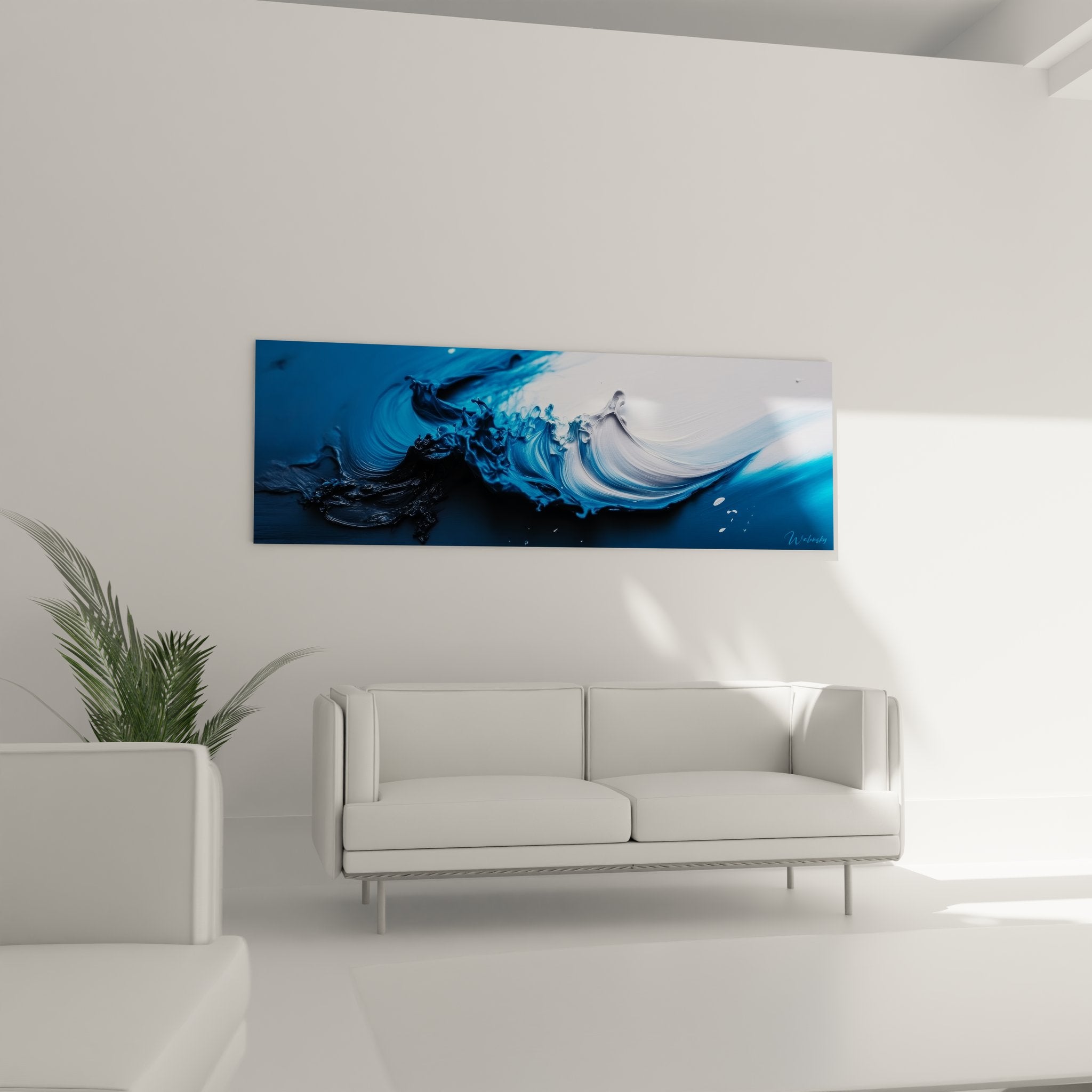Détail gros plan texture peinture vague abstraite bleue montrant empâtements et nuances océaniques