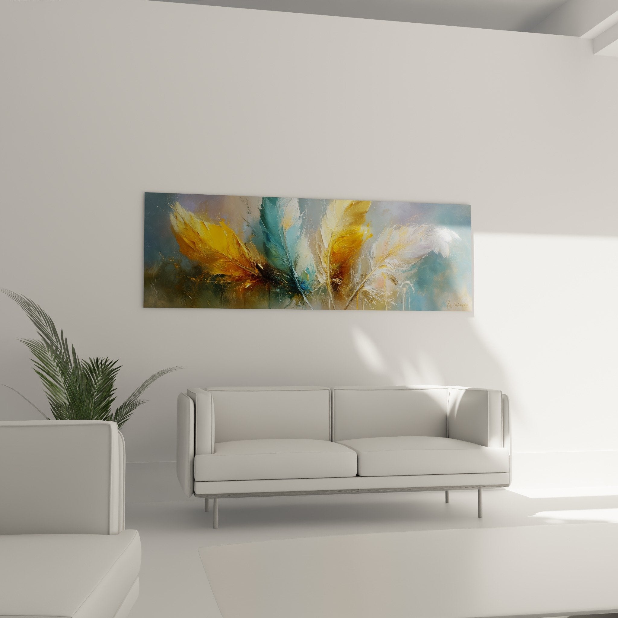 Detail texture peinture plumes abstraites couleurs or turquoise blanc coups pinceau expressifs