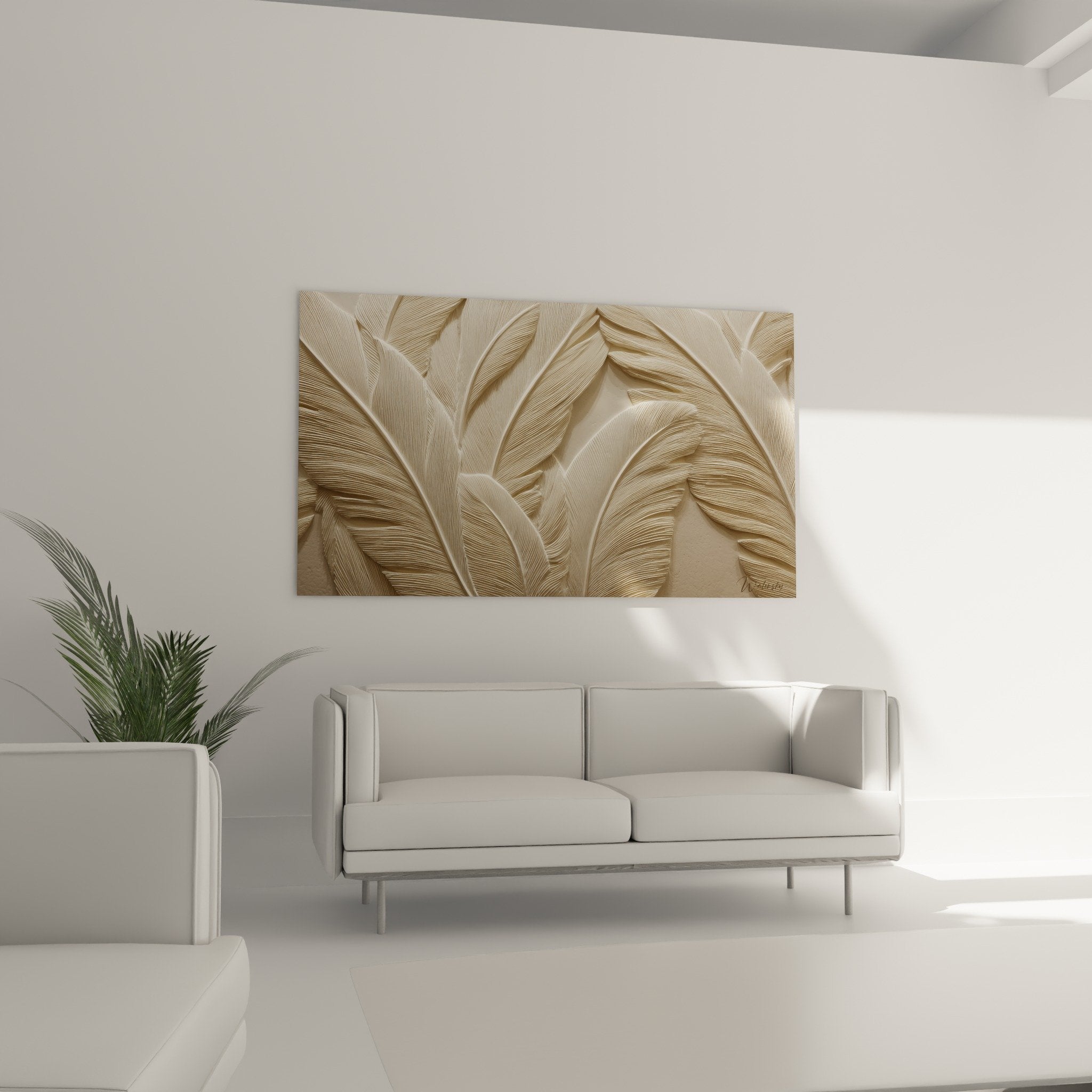Sculptural relief detail golden feathers three-dimensional texture chiseled veins pearlescent tones