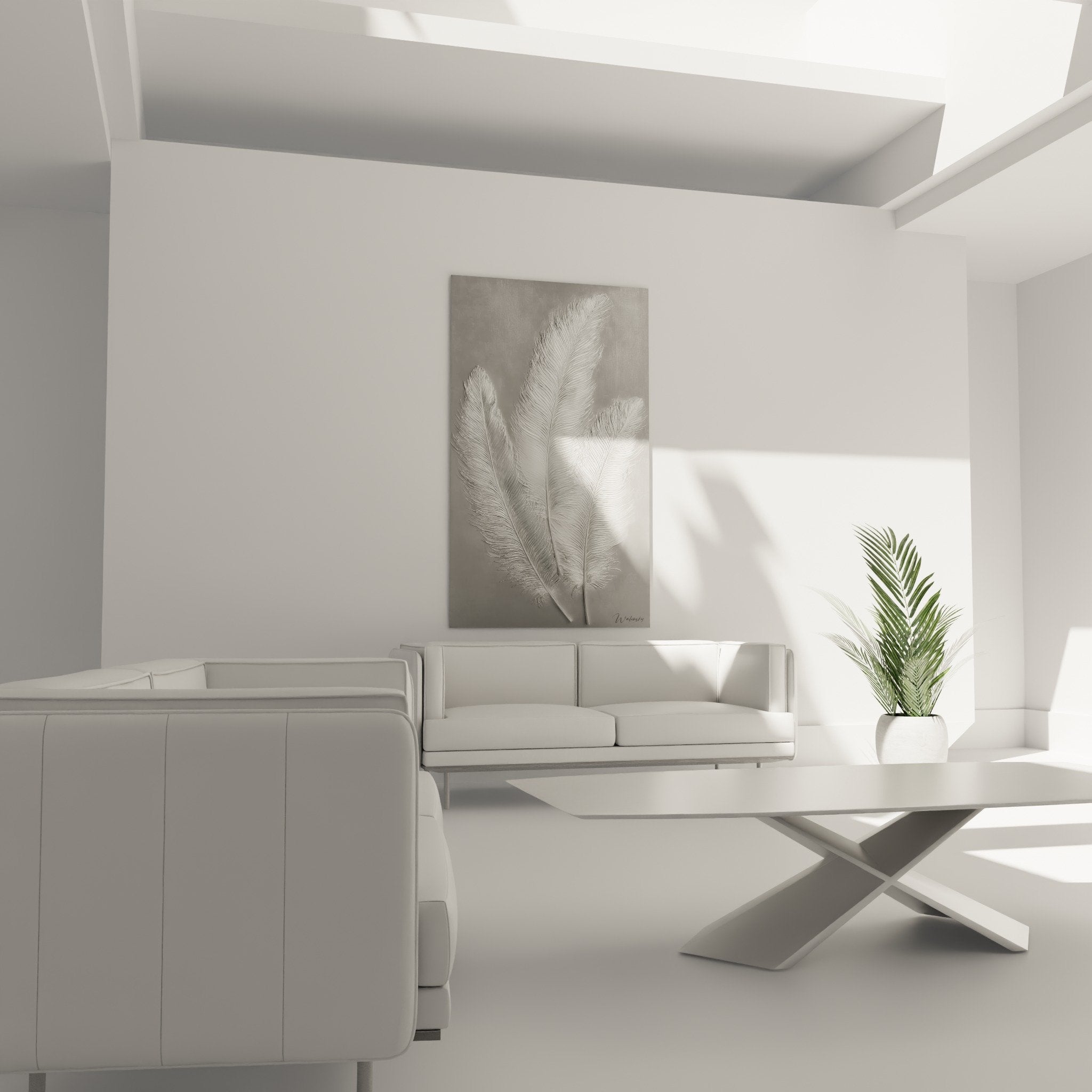 Close-up detail of engraved silver feather texture, decorative metallic relief refined wall art