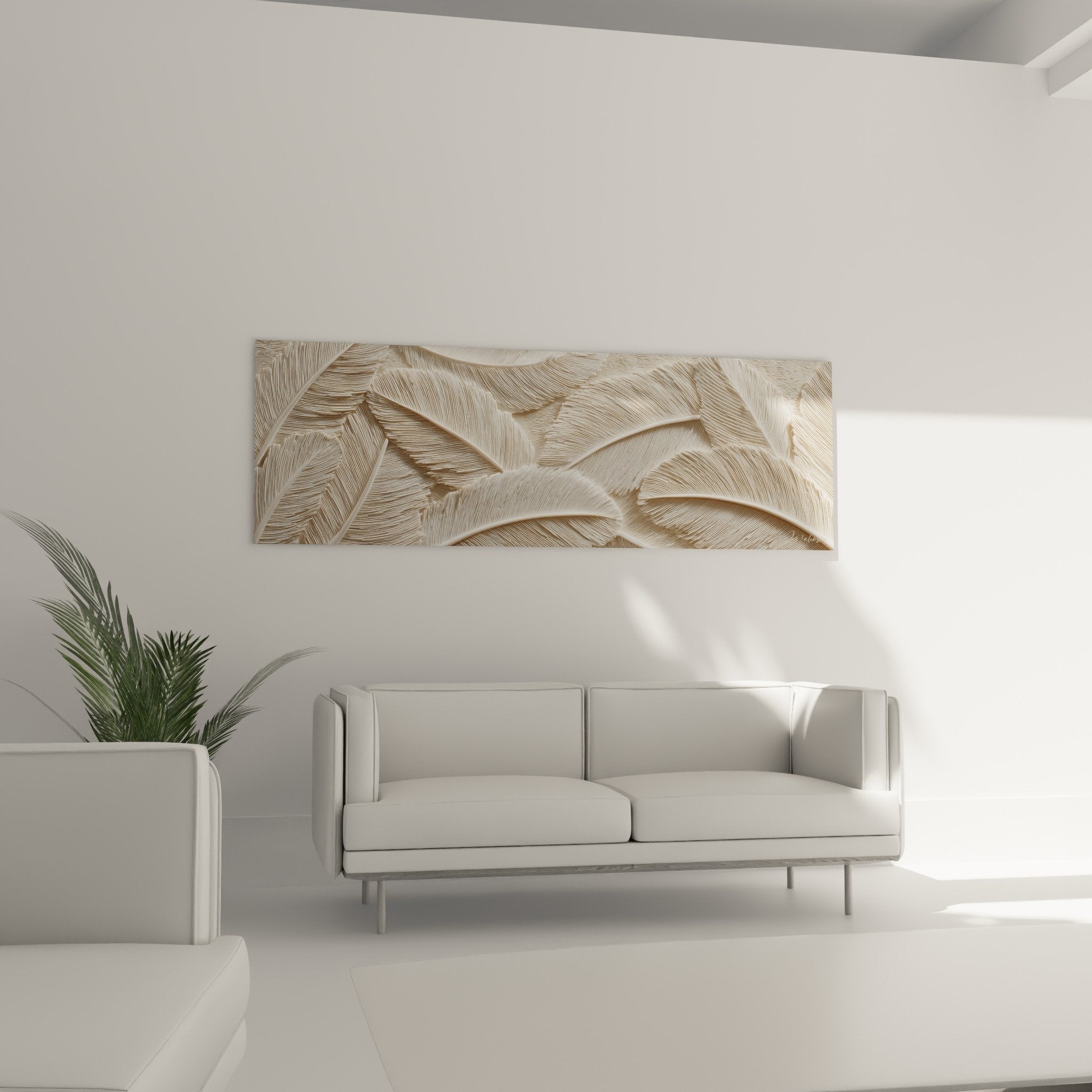 Gros plan texture plumes beiges sculptées details stries relief 3D artisanal rafine