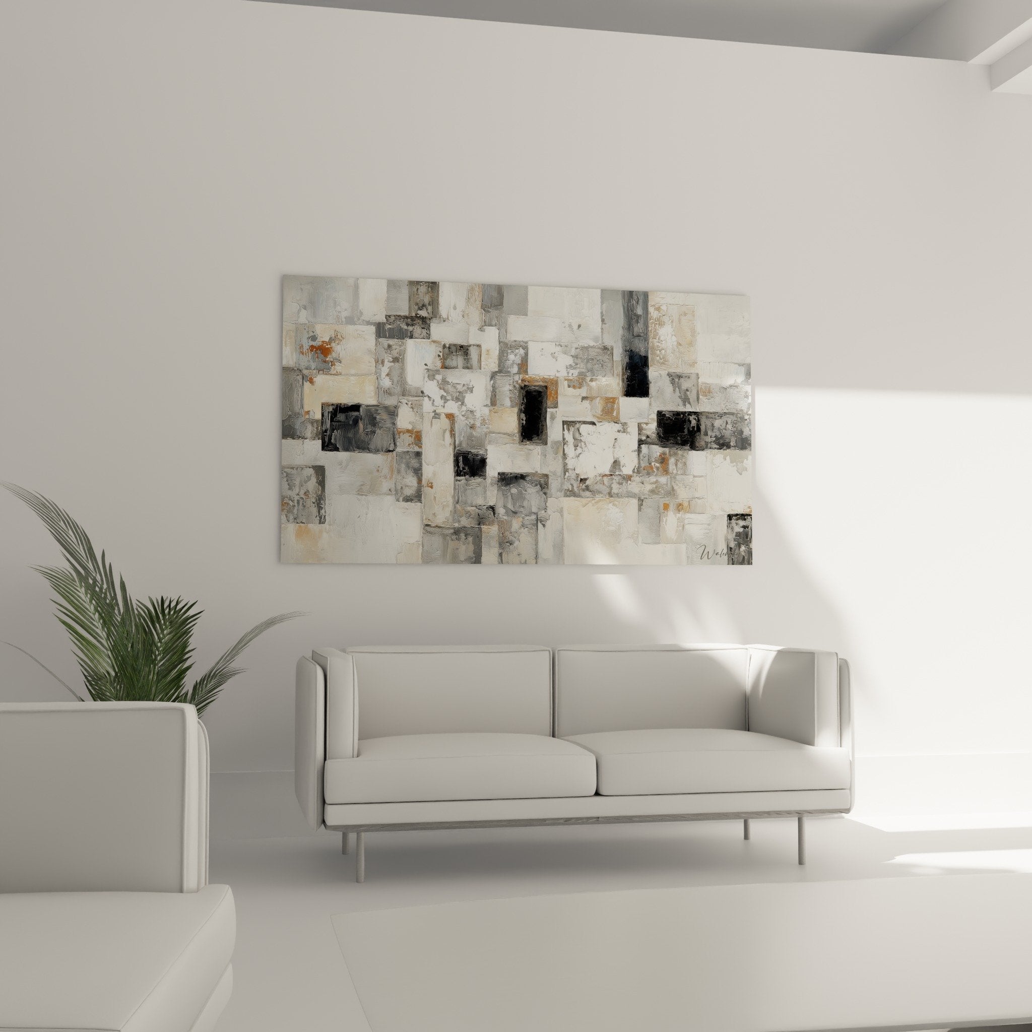 Abstract painting texture detail gray rectangles shades contrasted materials modern relief