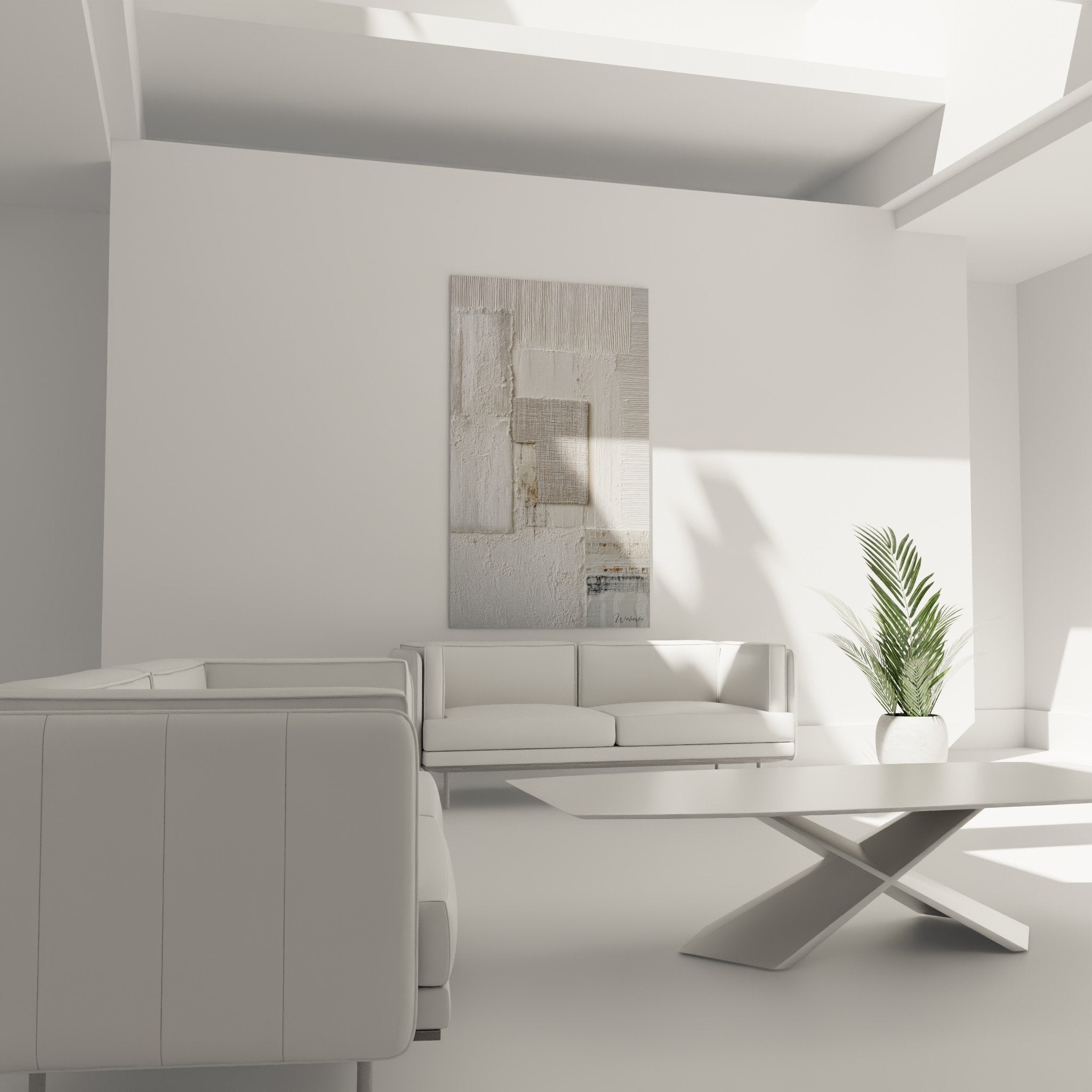 Gros plan texture relief blanc tableau abstrait detail toile jute beige feng shui nord ouest