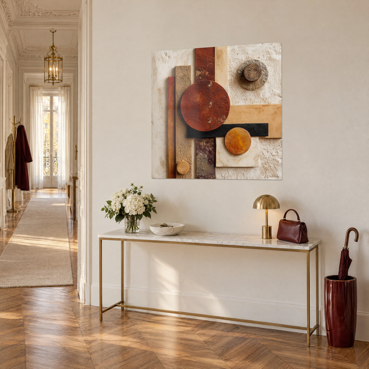 Πίνακας μωσαϊκό από ορθογώνια terracotta και κρέμ, μεγάλος κύκλος σκουριάς και μαύρη ράβδος, πάνω σε χρυσή κονσόλα σε διάδρομο των Haussmann
