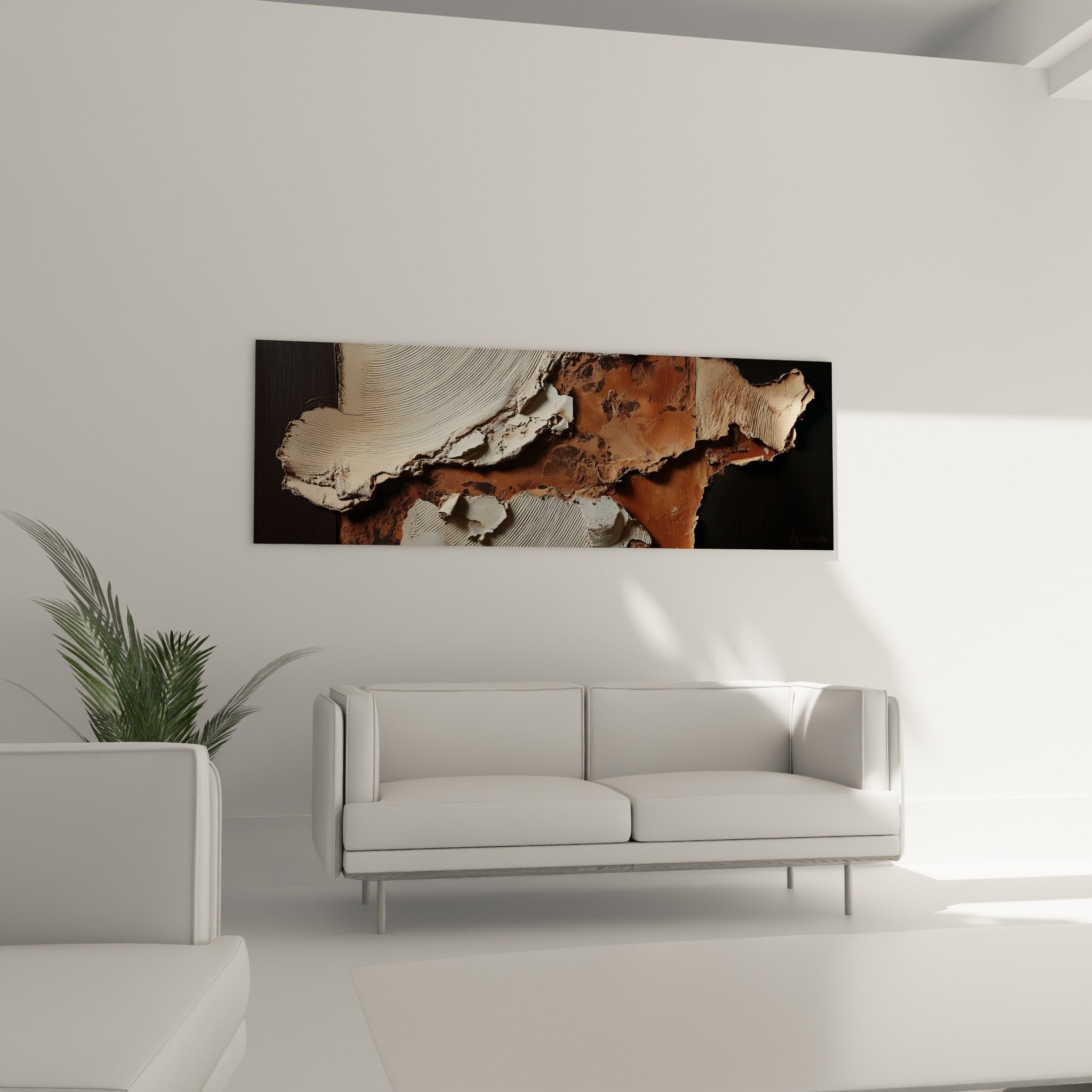 Textured relief detail organic matter ochre earth white striations abstract contemporary painting